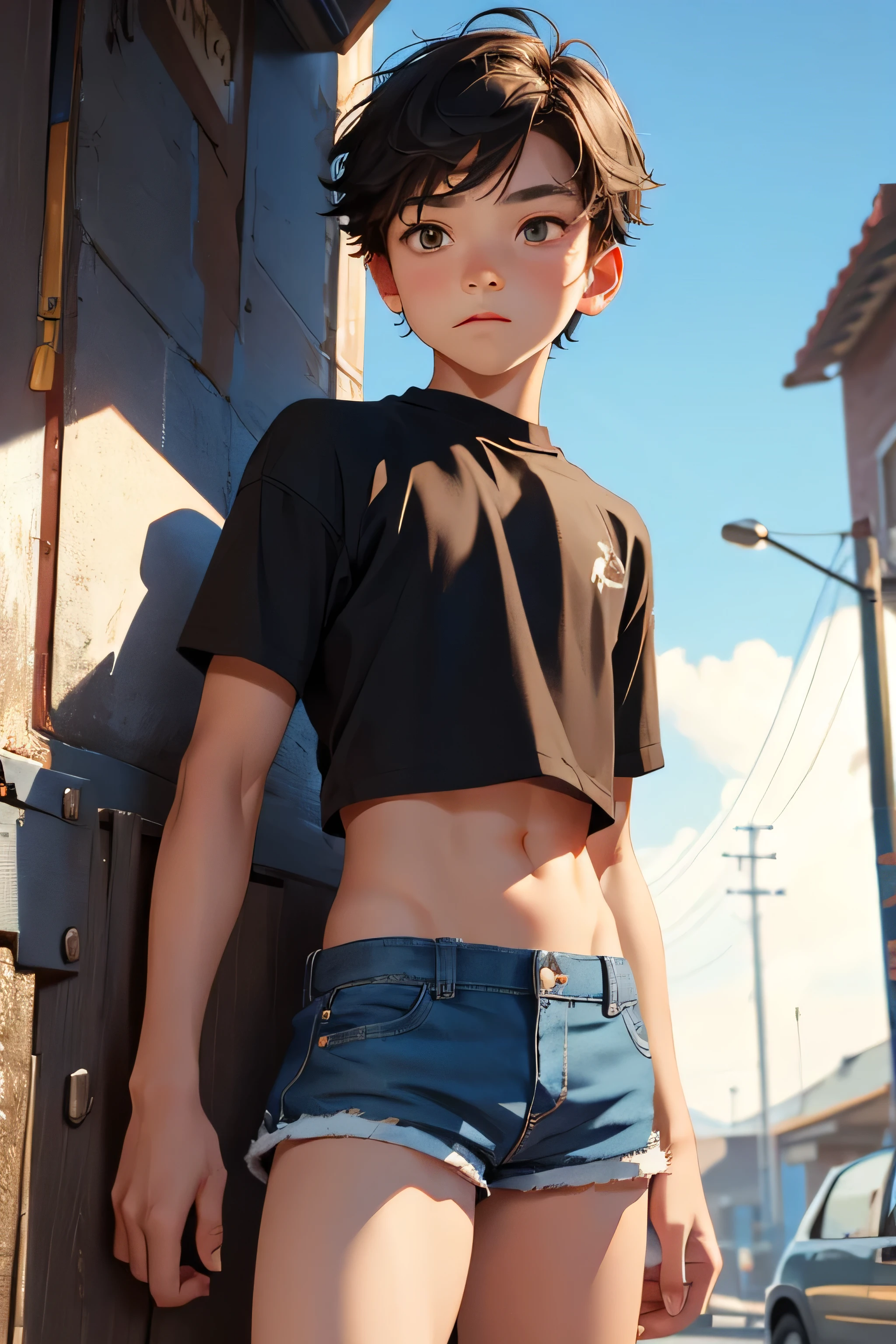 , boy wears a crop top and too very short shorts,