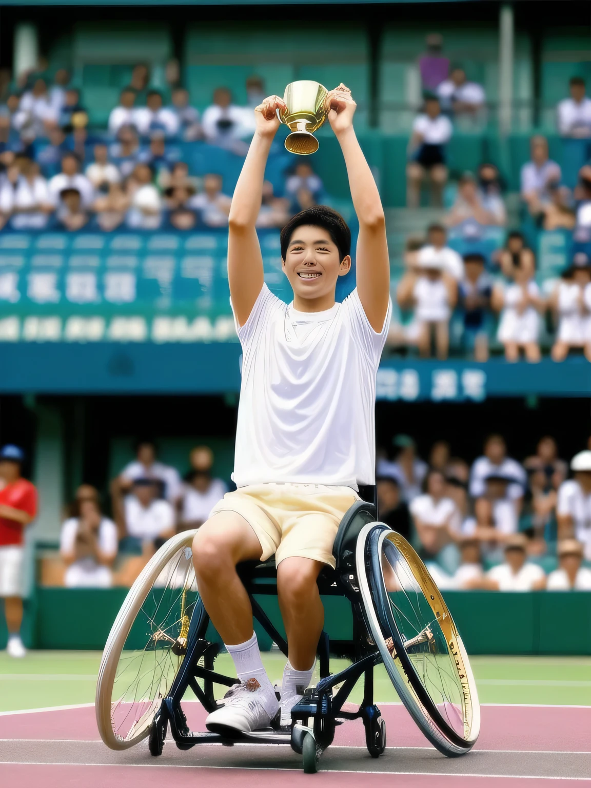 Japanese Man in wheelchair holding a gold trophy on a tennis court, A wonderful masterpiece, A wonderful masterpiece, Outperform the competition, Advocate Winning, 1st place, A beautiful masterpiece, A wonderful masterpiece, Winning Shots