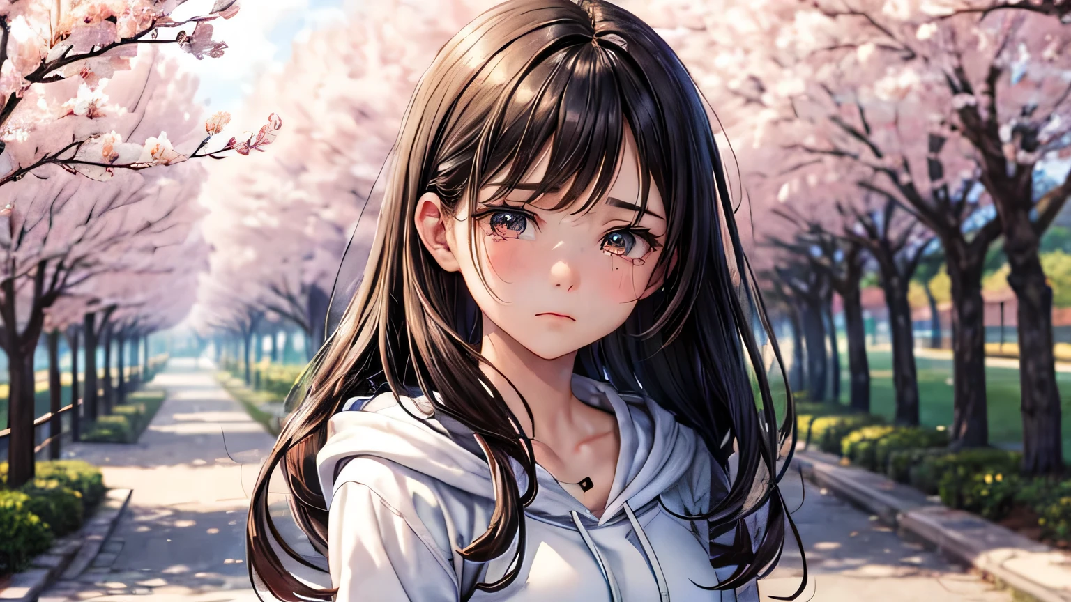 (oil, masterpiece, highest quality, Super detailed, Focus on the characters), woman,Black hoodie,Sad expression,Crying face,Watery eye,Dark brown long hair,Spring Tree Leakage Sun,Detailed hair depiction,Detailed depiction down to the tips of the hair,([return:0.8]|[ face facing returnwards:1.1]), ,([Cherry Blossom Tree Lined Scenario:1.2]|[ ground:1.3]| [High Contrast:1.1])  