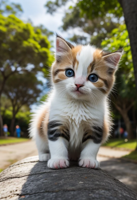 baby kitten, azul e branco, bem fofinho, bem gordinho, com patinhas bem gordinhas, vibrant fur, playful expression, luz solar salpicada, atmosfera serena, blurred background with varied trees, Extravagant scenery, textura de pele detalhada, cores brilhantes e vivas, realista estilo, high resolution, natural lighting, peaceful and harmonious composition.