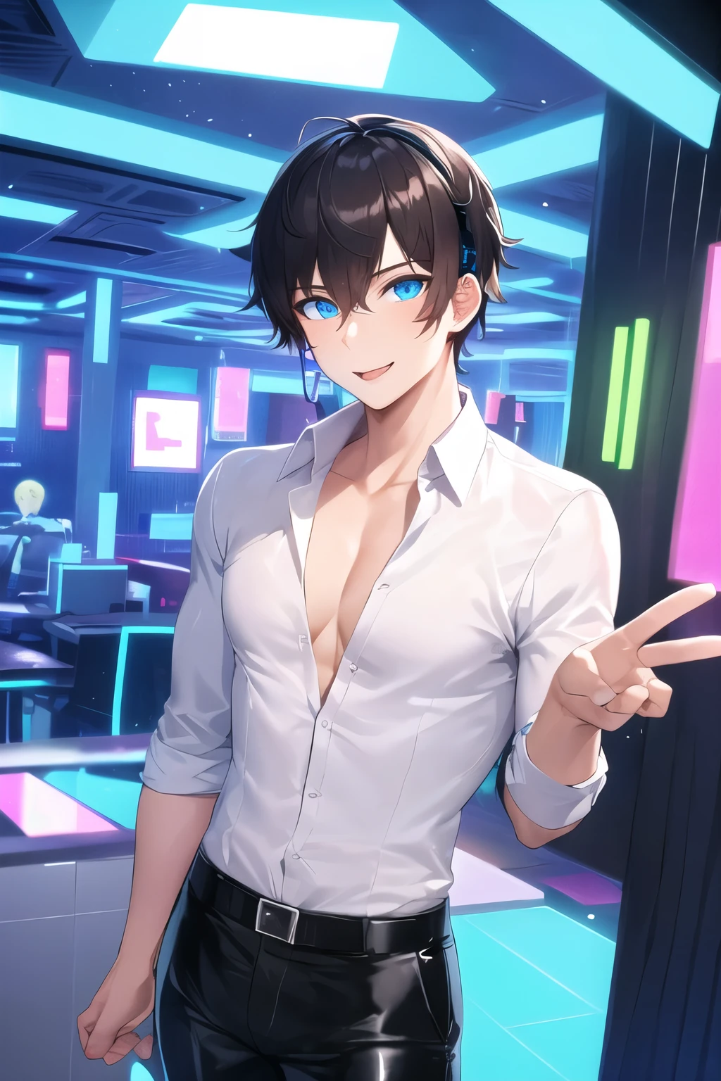 25 years old grown-up, male gender, android, futuristic style, cute face, blue eyes, calm, welcoming smile, tie on the neck, a bit muscular body, office shirt, open cleavage, latex pants, standing, seductive pose, night club hub with neon lights, looking in the camera, little pointy headphone in the ear