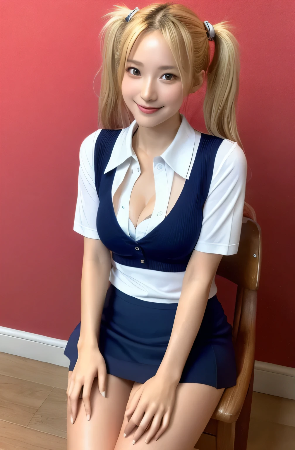 ((Ultra-high resolution)),8K,16 years old、Blonde、Leaning forward to reveal cleavage、Small breasts, , Twin tails, Red mini skirt, Navy blue polo shirt、Small cleavage 2:1,Idol Sculpture, Wet, smile、Pink wall、Sitting in a chair、I can see your thighs、sexy、slender、Shapely small breasts、I can see your thighs、