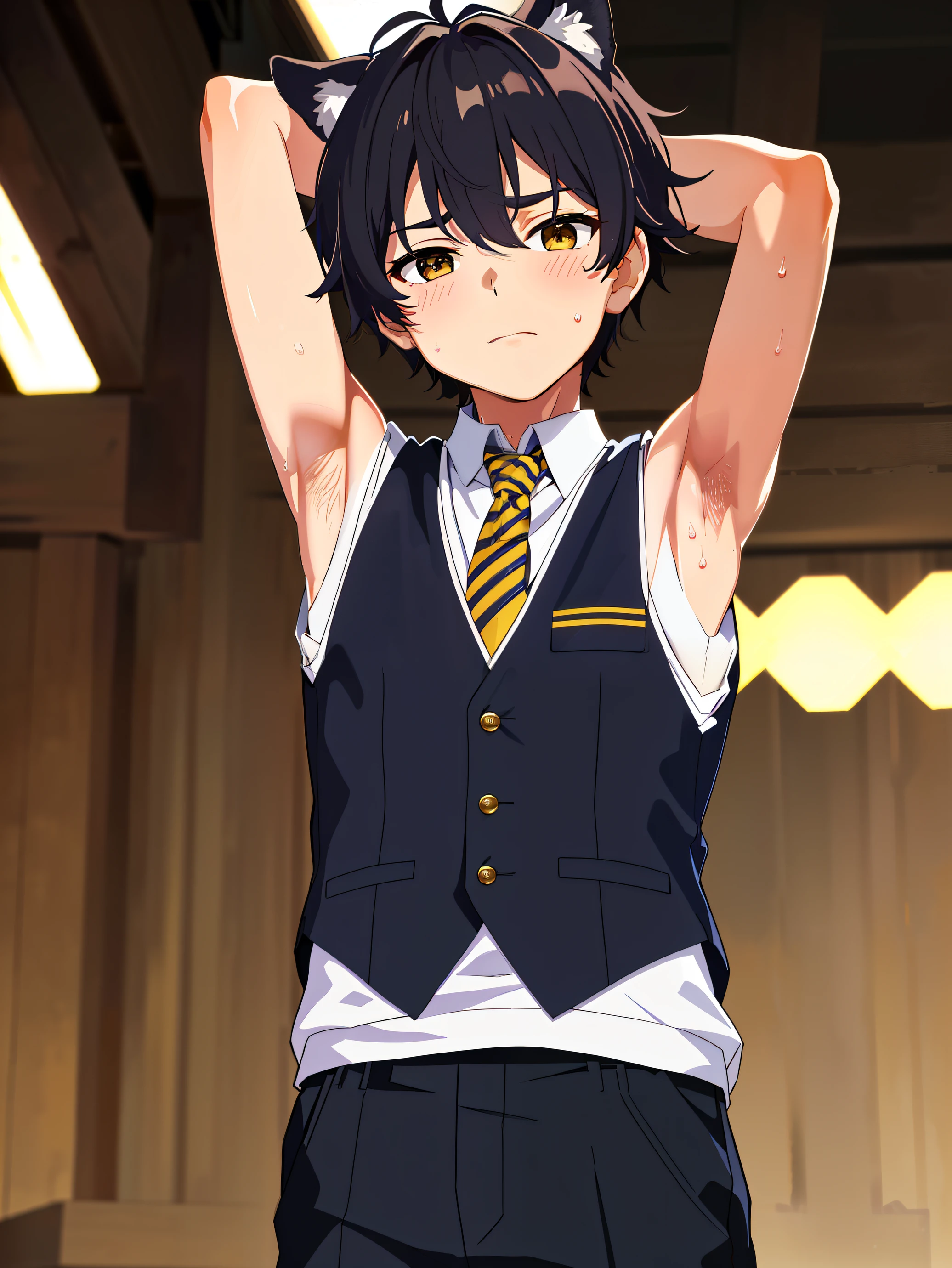 Highres, Masterpiece, Best quality at best,Best Quality,hight quality, hight detailed, 1boy, Boy, Dog boy, Dog ear, Messy hair, Side bangs, Shota, Sweat, Sleeveless vest, Tie, Glove, Depth of field, Anime screencap style, thin line, Seen from the front, Little sweat, forest church, Cute boy, (Showing armpit:1.3), (very small and short stature), (very young boy), 12-year-old boys, Blurry and simple beckground, bokeh, Uhd