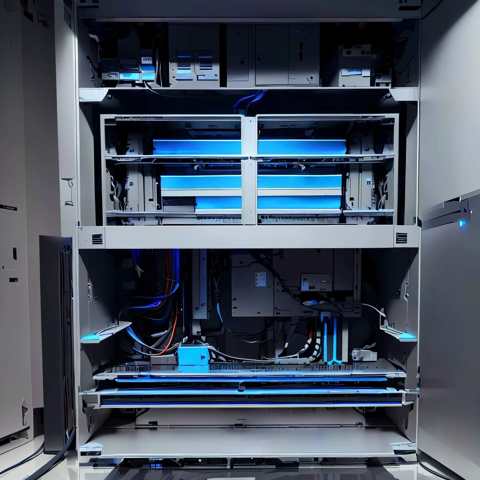 The background is black cabinet,Inside are many blue box motherboards,There are a lot of wires underneath.,Water Cooling,Add a row of fans on the side for heat dissipation