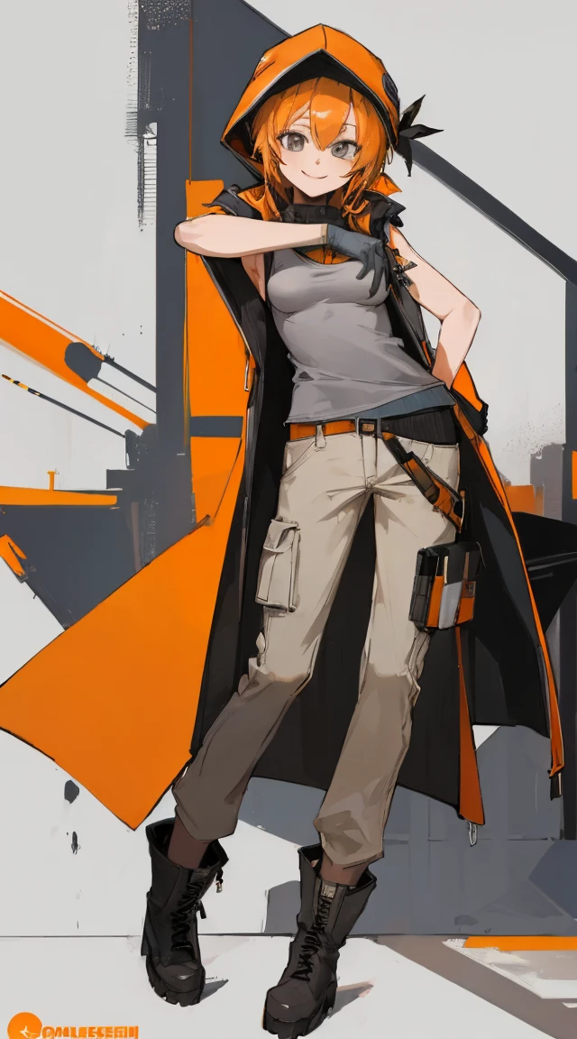((highest quality)), ((masterpiece)), (Familiar),,Female Clementine,overload,{{Browsing Caution}},Sleeveless hoodie,Grey Shirt,cargo pants,Captivating smile,whole body,boots,Long coat,Erect nipples