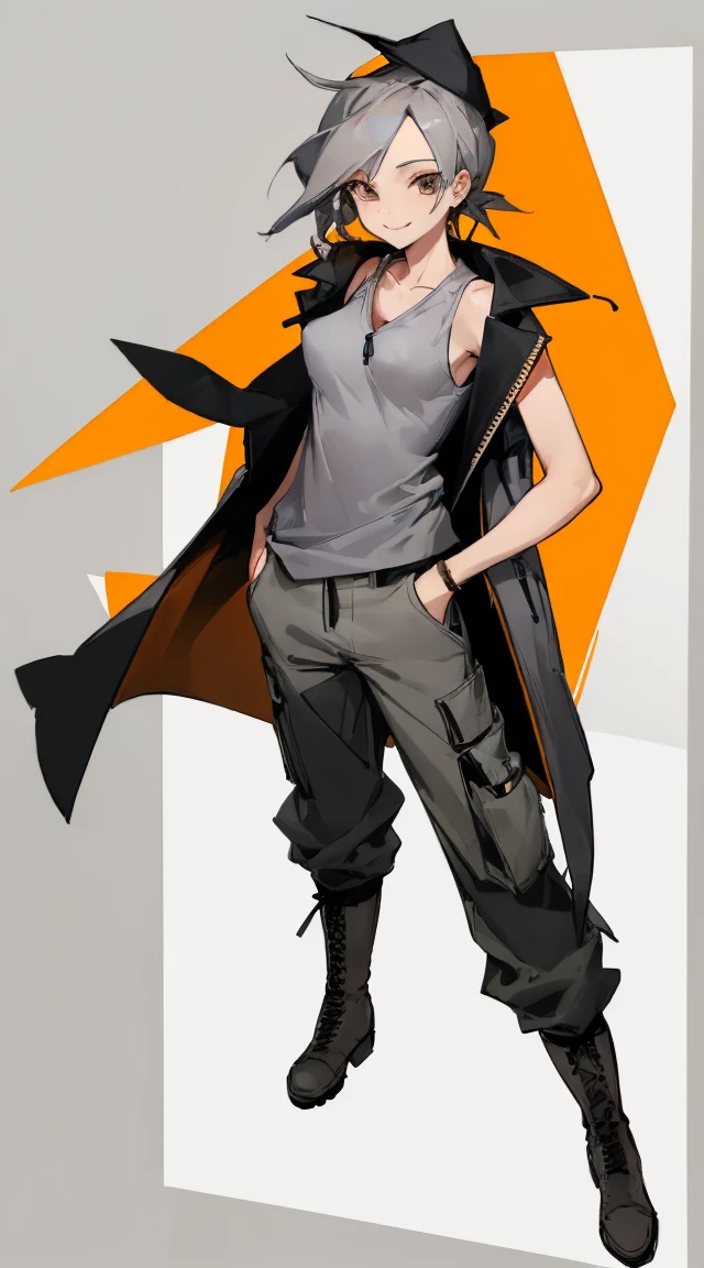 ((highest quality)), ((masterpiece)), (Familiar),,Female Clementine,overload,{{Browsing Caution}},Sleeveless hoodie,Grey Shirt,cargo pants,Captivating smile,whole body,boots,Long coat,Erect nipples
