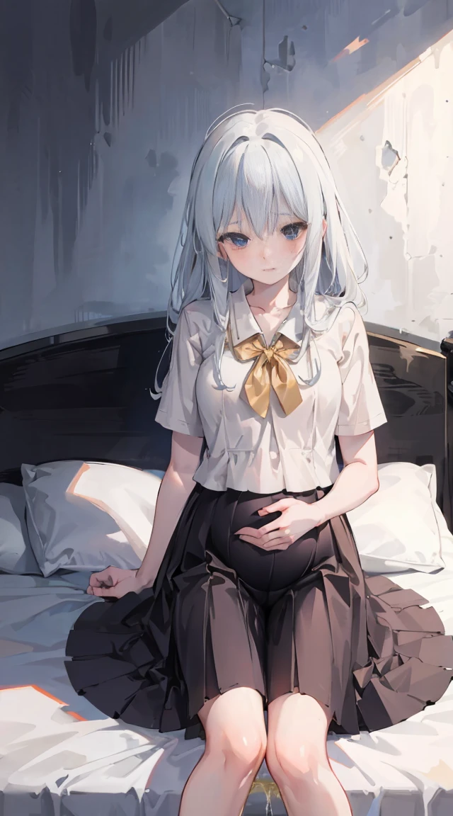 Elaina,white ash hair, anime girl, white shirt,black skirt,black cloak, pake face, sweating, heavy breath, blushing, pregnant, Pregnant belly, (best quality:1.2), ultra-detailed,realistic ,portraits, vivid colors, soft lighting, interesting PoV, leaked pee(clear pee), spread kneel, Lie down on bed, (the girl is leaked pee: 1.3)
