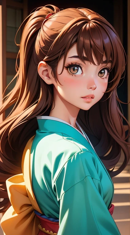 Pixar Style, Photos of stunningly beautiful Japanese female supermodels, Honey Eyes, Long, messy light brown hair, To flap one's hair, Close-up、Zoom in、Tight crop portrait, By foot (Runaway people in the fashion show scene々:1.2) wearing (Fluttering floral evening dress:1.3) (She has an expensive clutch bag in her hand:1.3) (Lighting - Gold:1.2) Background details of foreground objects (masterpiece:1.2) (Realistic:1.2) (Bokeh:1.2) (highest quality) (Color Grading) (Detailed skin:1.3) (Complex) (8k) (High resolution) (Cinema Lighting:1.3) (Sharp focus), Disheveled windblown hair, Cute big round reflective eyes, Pixar Render, Unreal Engine Cinematic Smooth, Complex詳細