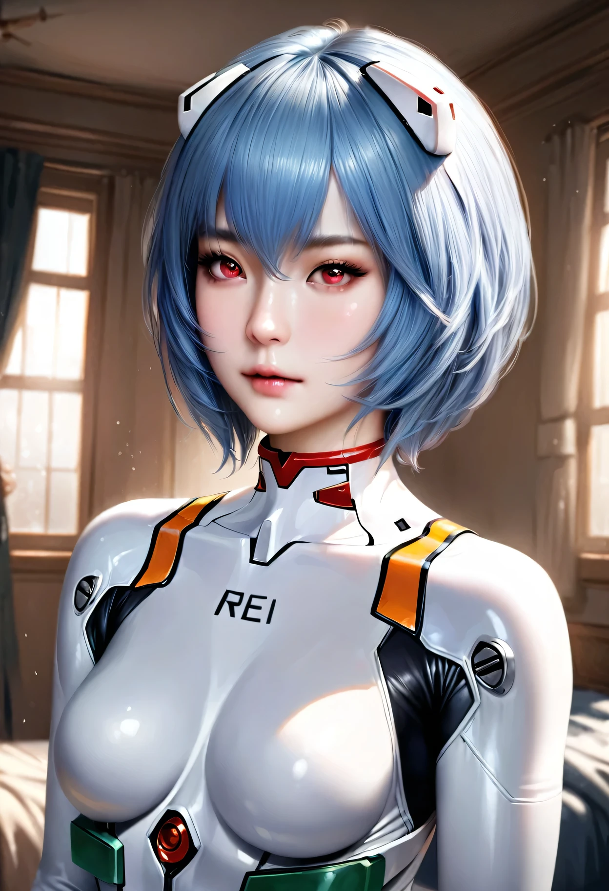 animetoreal,soft light, masterpiece, best quality,high quality,delicate face, realistic,photorealistic,1girl,,Ayanami Rei,white bodysuit,red eyes,pilot suit,short hair,blue hair,bangs,interface headset,turtleneck,hair between eyesin bedroom