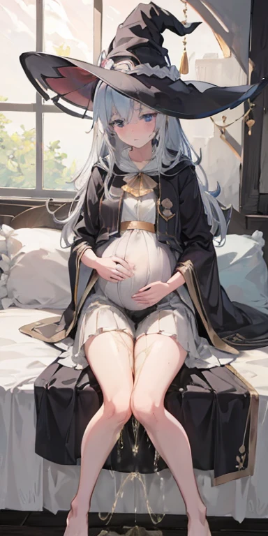 Elaina,white ash hair, anime girl, white shirt,black skirt, black cloak, pake face, sweating, heavy breath, blushing, pregnant, Pregnant belly, (best quality:1.2), ultra-detailed,realistic ,portraits, vivid colors, soft lighting, interesting PoV, leaked pee(clear pee), spread kneel, Lie down on bed, (the girl is leaked pee: 1.3), witch hat,