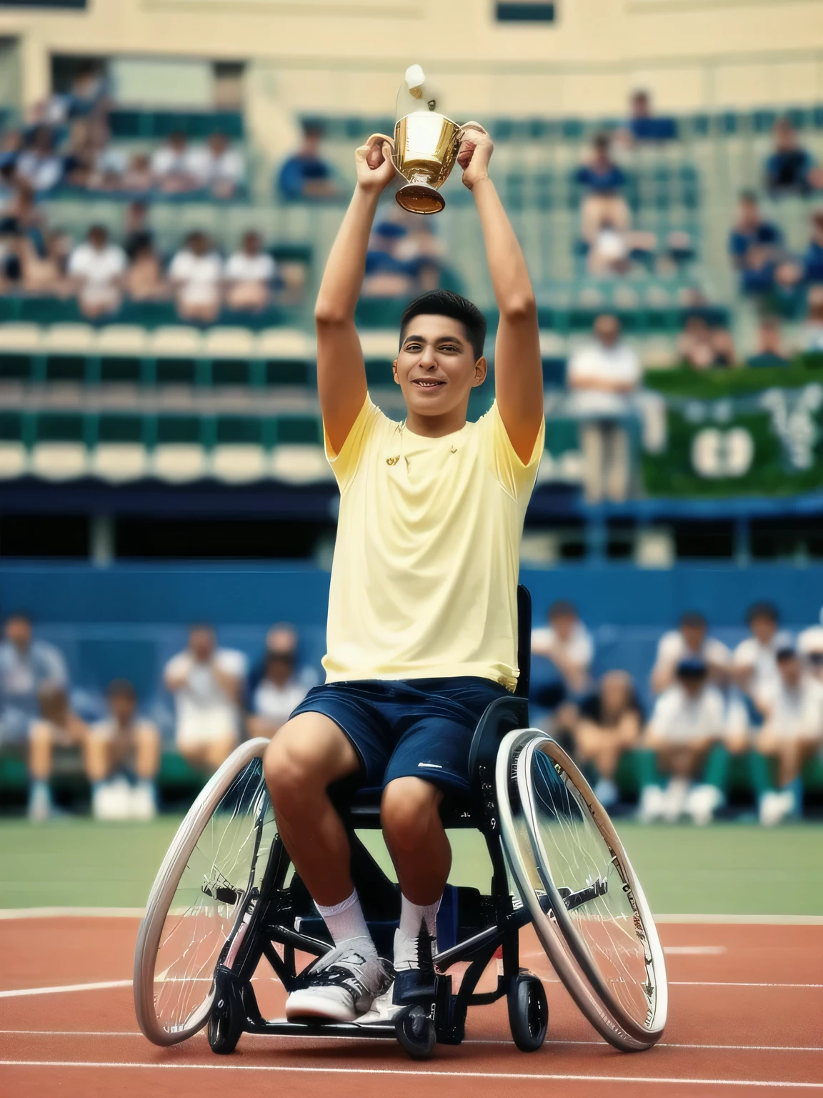 Man in wheelchair holding a gold trophy on a tennis court, A wonderful masterpiece, A wonderful masterpiece, Outperform the competition, Advocate Winning, 1st place, A beautiful masterpiece, A wonderful masterpiece, Winning Shots