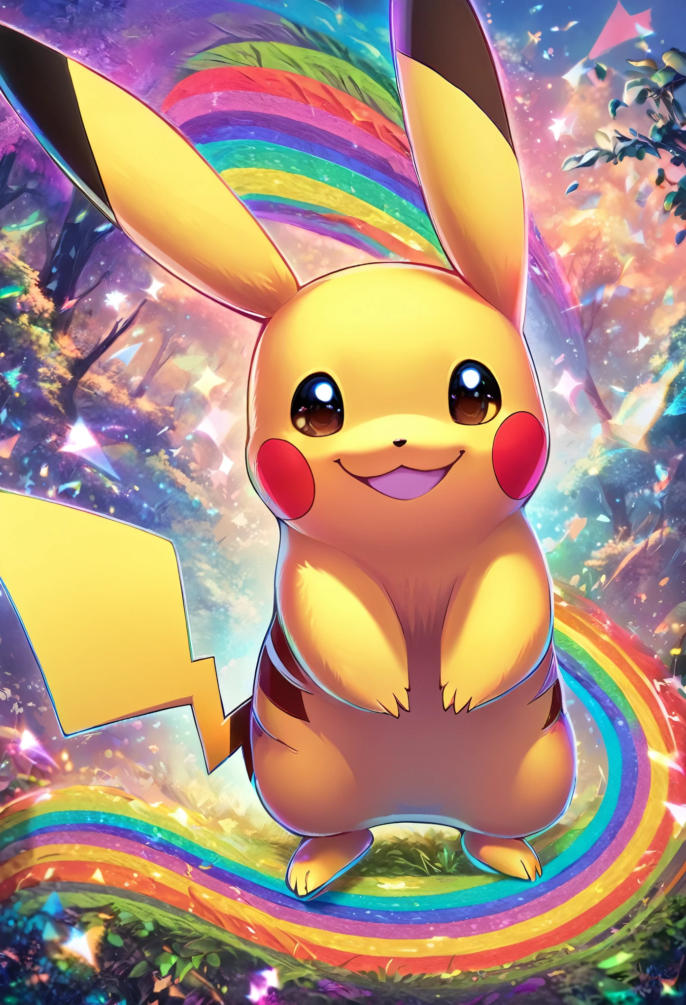 Pikachu, interesting, highest quality, highest quality, 16k, Big smile, Cute pose, in the forest, Fantasy world image, Fantastic and mysterious, Sparkling rainbow pastels and vibrant colors、Diverse visual style combining various artistic elements