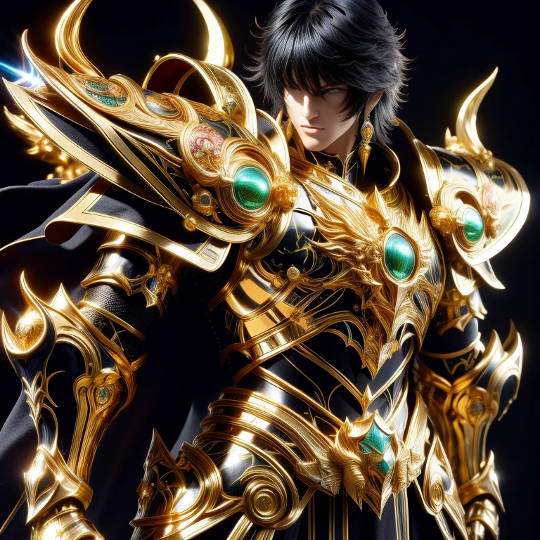 (masterpiece, best quality:1.2, UHD, 4k, masterpiece, photo realistic, insane details, ultra realistic, nobel photography), a saint seiya saint, beautiful  boy,with ultra beautiful and decoured full armour, full made of black metal, ((black color armour)), (scorpion themed scorpioncore), light effects, very decourated, friezes