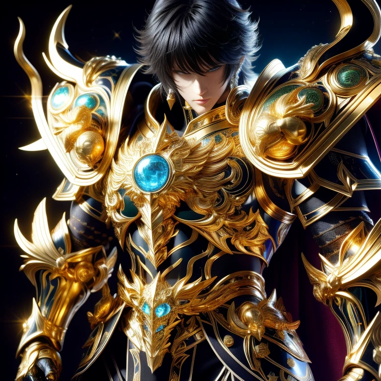 (masterpiece, best quality:1.2, UHD, 4k, masterpiece, photo realistic, insane details, ultra realistic, nobel photography), a saint seiya saint, beautiful  boy,with ultra beautiful and decoured full armour, full made of black metal, ((black color armour)), (scorpion themed scorpioncore), light effects, very decourated, friezes