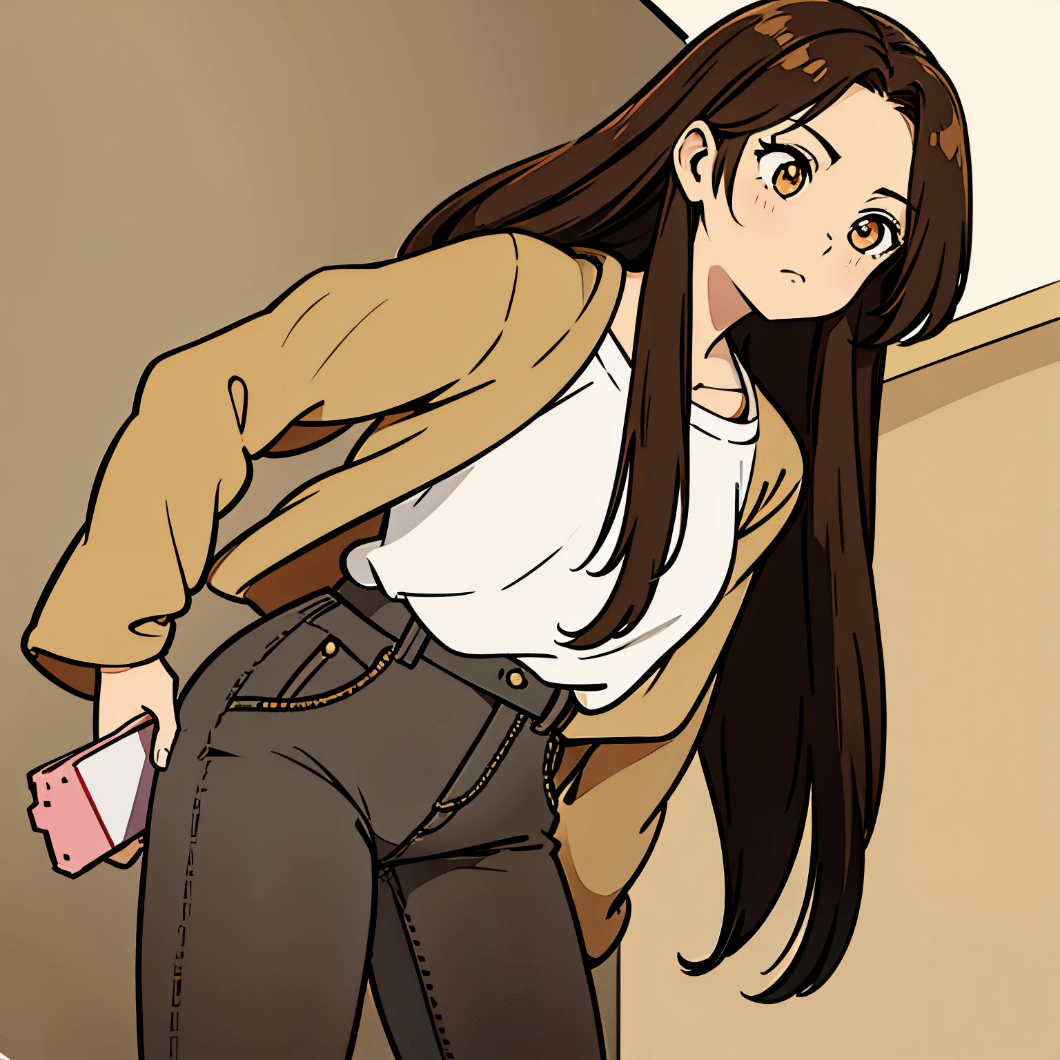 a girl with brown long hair and casual outfit