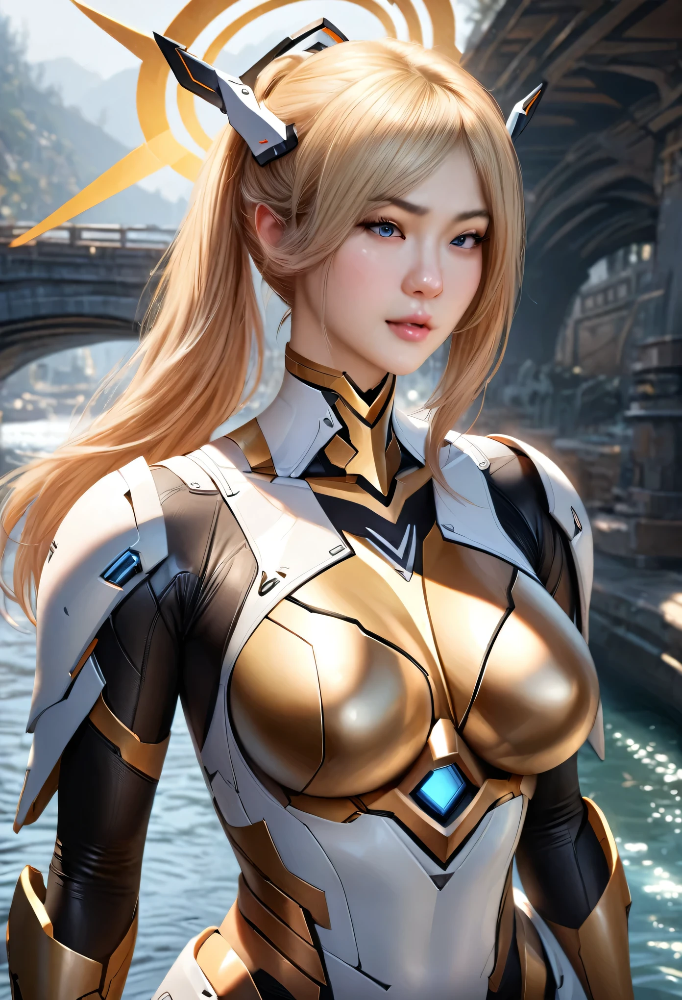 animetoreal,soft light, masterpiece, best quality,high quality,delicate face, realistic,photorealistic,1girl,,mercy(overwatch),1girl, armor,blonde_hair, bodysuit, boobplate, breastplate, breasts,faulds, gloves, gorget, halo, headgear, large_breasts, mechanical_halo, mechanical_wings, nose, pelvic_curtain, ponytailon bridge,over a river