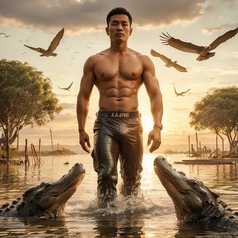an Indonesian man aged 30 years, clean face, sturdy body, clearly visible Bulge dick phallaceaee shape walking in the water towards land, surrounded by three large crocodiles. Display background