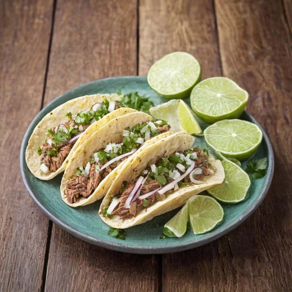 {{A mouthwatering depiction of {a set of delicious carne asada tacos topped with freshly chopped cilantro and onions cubes}} with {lime wedges and refreshing salsa on the side}. This is a {culinary art}-inspired image that showcases {the vibrant colors and textures of the tacos}. The environment/background should be {an outdoor rustic table} to create an {inviting and casual atmosphere}. The image should be in the style of a {high-resolution photograph}, incorporating elements of {Jamie Oliver´s food photography}. The {close-up} shot, will provide a {detailed and intimate perspective}. The lighting should be {natural daylight}, emphasizing {the freshness and appetizing qualities of the tacos}. The desired level of detail is {high} with a {4K} resolution, highlighting {the textures of the meat, vegetables, and tortillas}. The goal is to create a {visually delicious and mouth watering} image that captivates viewers with its {rich colors and appetizing presentation}.