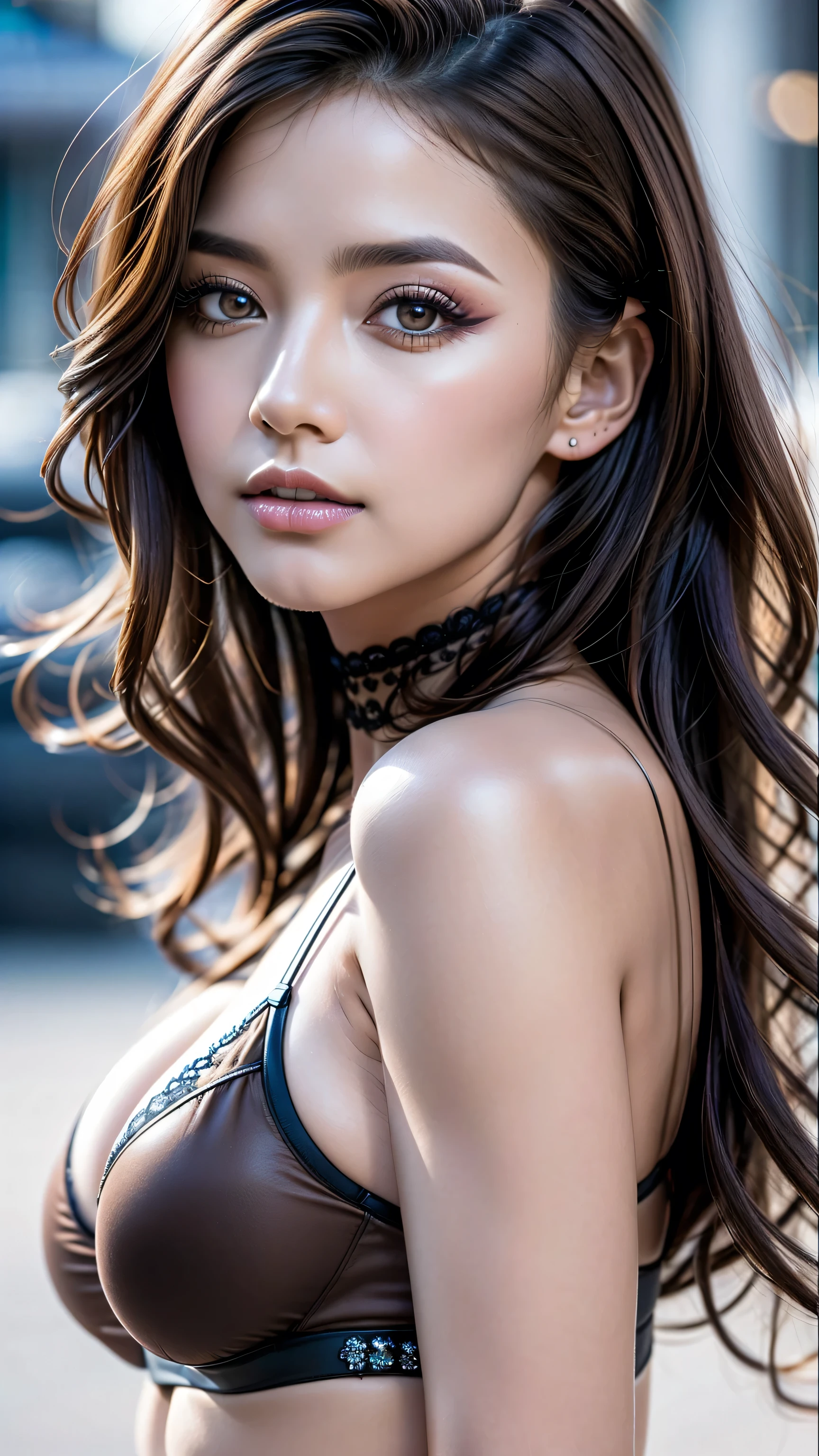 (1girl:1.35, 20-year-old), Realism, highest resolution, (highest quality realistic texture skin), ((highest quality realistic texture long black hair, (curly waves), highly intricately details:1.4)), ((perfect proportions)), ((anatomically correct), very small round head:1.4), ((firm and full breasts:1.3)),(the most absurd quality perfect eyes), ((beautiful sharp-face), extremely detail:1.3), (light pale complexion), ((clear no blur and sharp perfect round realistic brown_eyes:1.4), highest detailed:1.4), finely detailed pupils, detail lips:1.3, (long_blue_eyeliner), (pink_lipstick:1.1), ((perfect dark_eyeshadows:1.15)), (Detailed nose:1.2), (Upper body shot), ((highly elaborate extravagant microscopic street outfit:1.25)), [close up of her face], perfect composition, ((look at the viewer)), Hasselblad, 85mm f/4.0, ((focus sharp on the background))