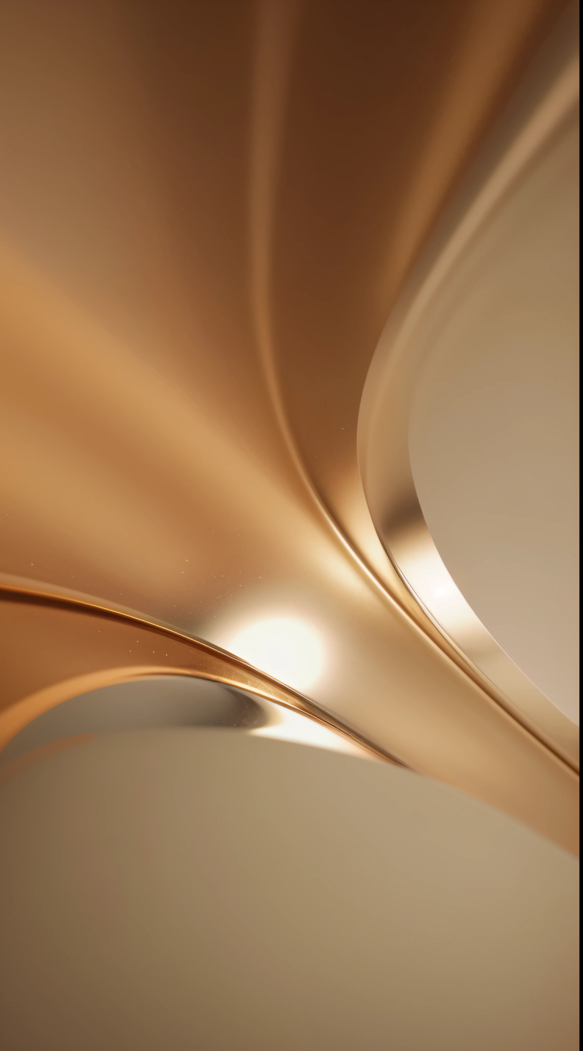 There is a close-up of a metal object,There is light in the background, Golden smooth material, Golden curve structure, Smooth volumetric illumination, metallic polished surfaces, Golden Curve Combination, Gold stripe swirl finish, Organic volumetric lamp, Golden mottled dynamic lights, Smooth surface rendering, gorgeous volumetric lighting, Zaha Hadid Octane High Definition Rendering, sharp. Octane Rendering