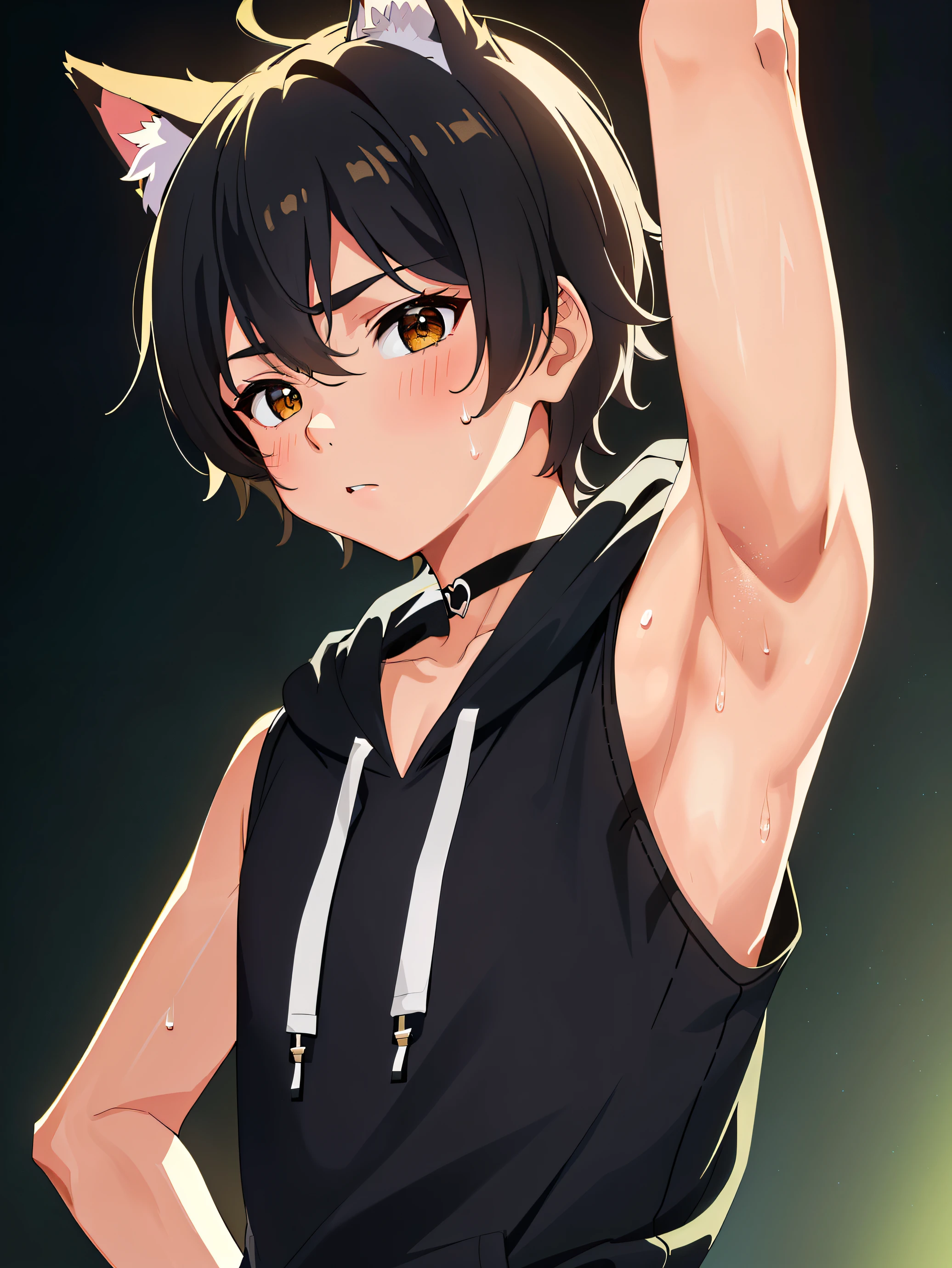 Highres, Masterpiece, Best quality at best,Best Quality,hight quality, hight detailed, 1boy, Boy, Dog boy, Dog ear, Messy hair, Side bangs, Shota, Sweat, Sleeveless hoodie, choker, Depth of field, Anime screencap style, thin line, Seen from the front, Little sweat, forest, Cute boy, (Showing armpit:1.3), Smooth armpit, Clean armpit, (very small and short stature), (very  boy), 12-ye-olys, Bry and simple beckground, bokeh, Uhd