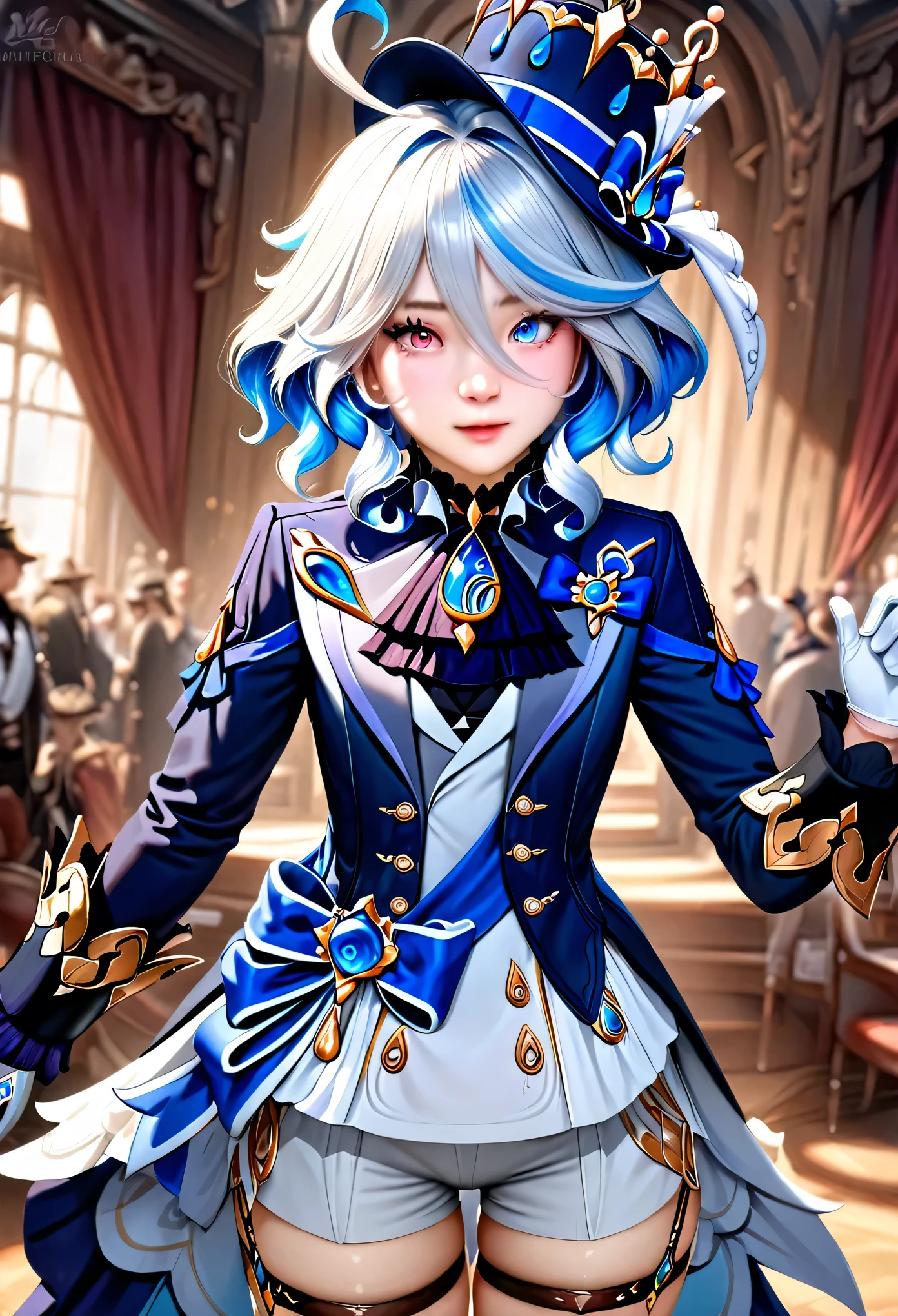 animetoreal,soft light, masterpiece, best quality,high quality,delicate face, realistic,photorealistic,1girl,,furina \(genshin impact\), heterochromia,hat,bule hair,blue eyes,ascot,brooch,long sleeves, jacket,blue bow,gloves,white shorts, thigh strapon stage