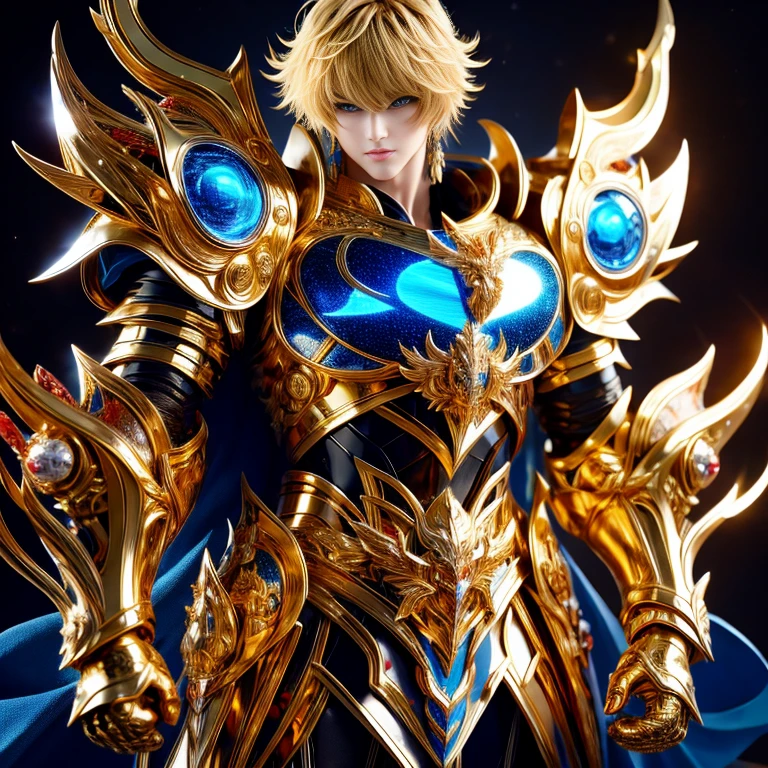 (masterpiece, best quality:1.2, UHD, 4k, masterpiece, photo realistic, insane details, ultra realistic, nobel photography), a saint seiya saint, beautiful  boy,with ultra beautiful and decoured full armour, full made of black metal, ((blue and red color armour)), (crab themed crabcore), light effects, very decourated, friezes