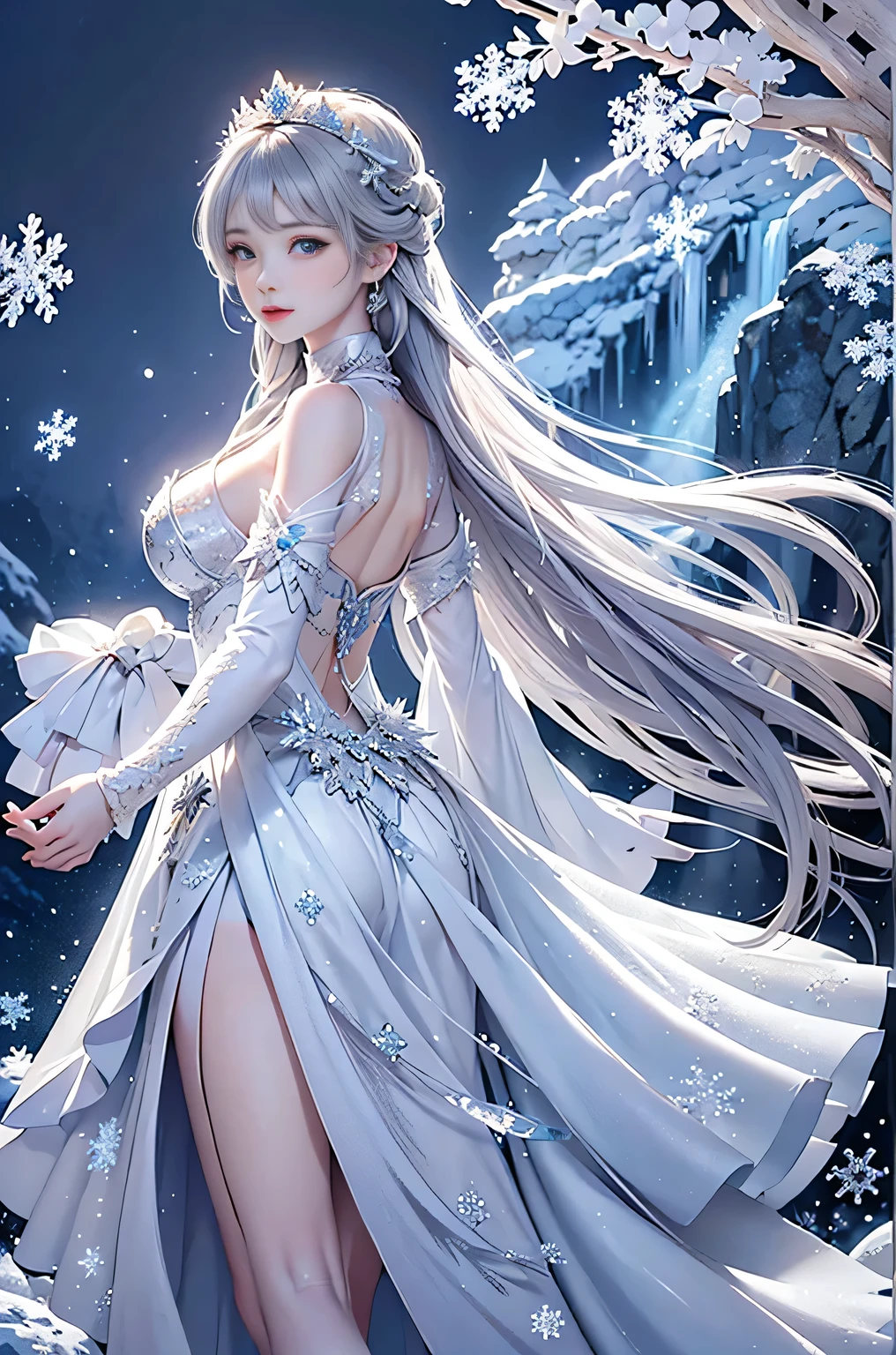 wood, Exquisite mini ice spikes and crystals, Frozen waterfall in the background, Light reflected by ice crystals, Flowing snowflakes.Beautiful woman、Gray Hair、pretty girl,2.5D illustration,Beautiful cleavage、Graceful dancing woman、Beautiful woman looking back、Sideboob