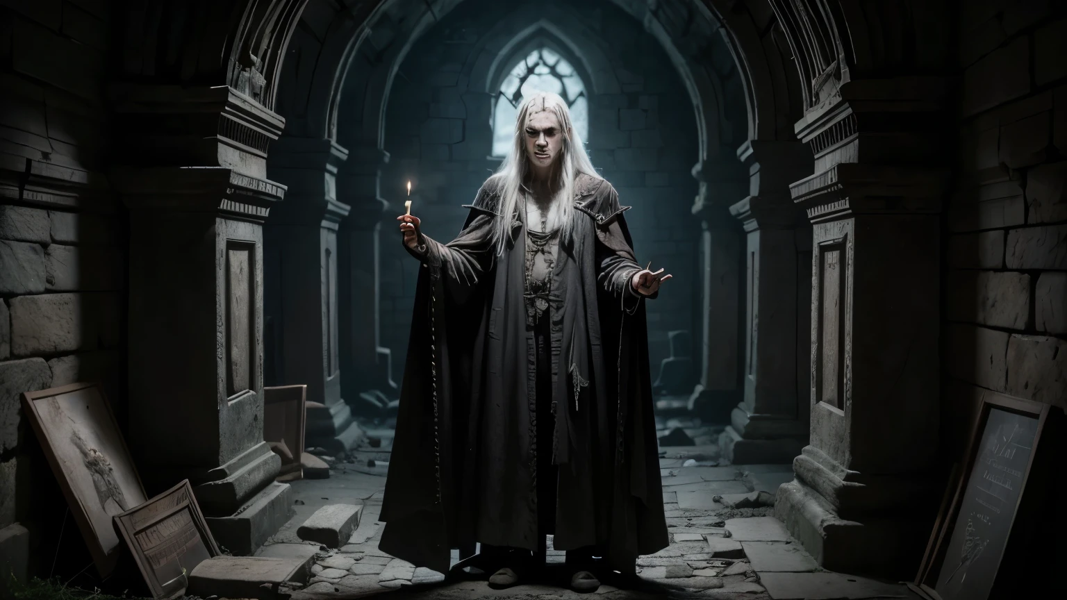 An ancient vampire emerging from a stone sarcophagus in an old, forgotten crypt. He has long, white hair and wears tattered, decayed robes from centuries past. His skin is pale and almost translucent, and his eyes glow with an otherworldly light. The crypt is filled with cobwebs, crumbling tombstones, and flickering candles. The atmosphere is dark and eerie, with the sense of ancient evil awakening.