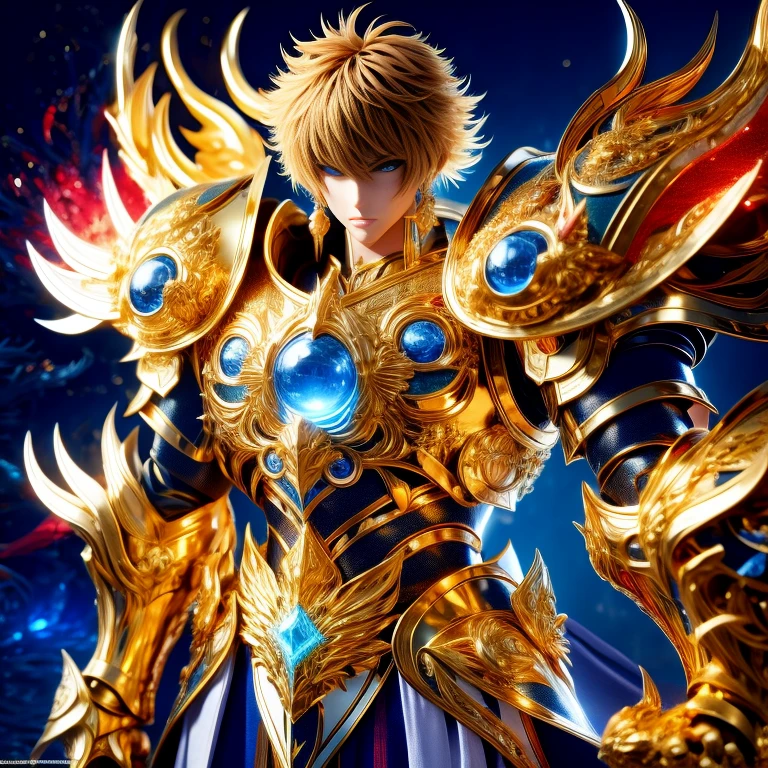 (masterpiece, best quality:1.2, UHD, 4k, masterpiece, photo realistic, insane details, ultra realistic, nobel photography), a saint seiya saint, beautiful  boy,with ultra beautiful and decoured full armour, full made of black metal, ((blue and red color armour)), (crab themed crabcore), light effects, very decourated, friezes