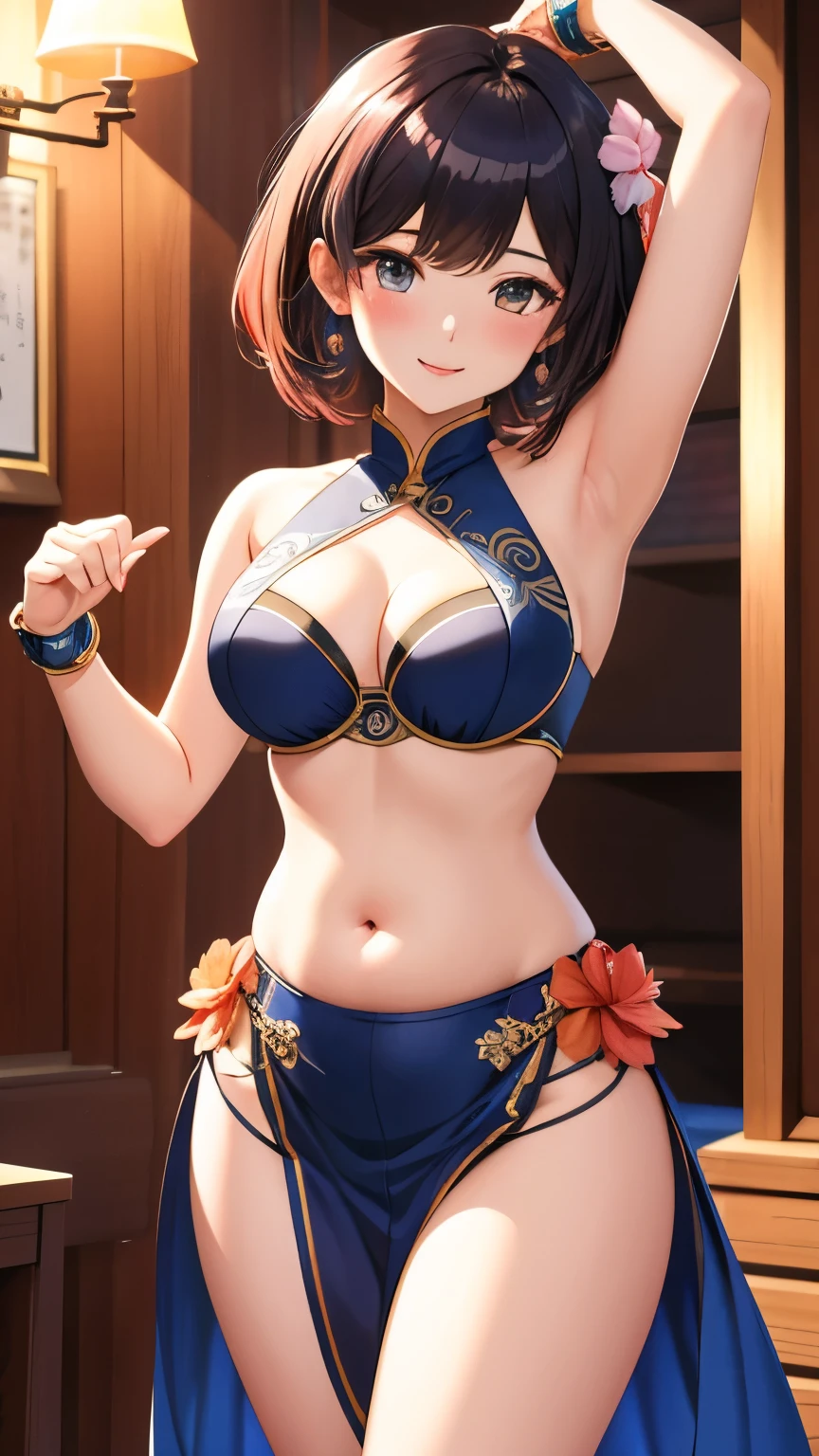 best quality, 1girl, masterpiece ultra detailed, illustration, yang guifei, glossy lips, blush, light smile, short hair, standing, (belly dancer)
