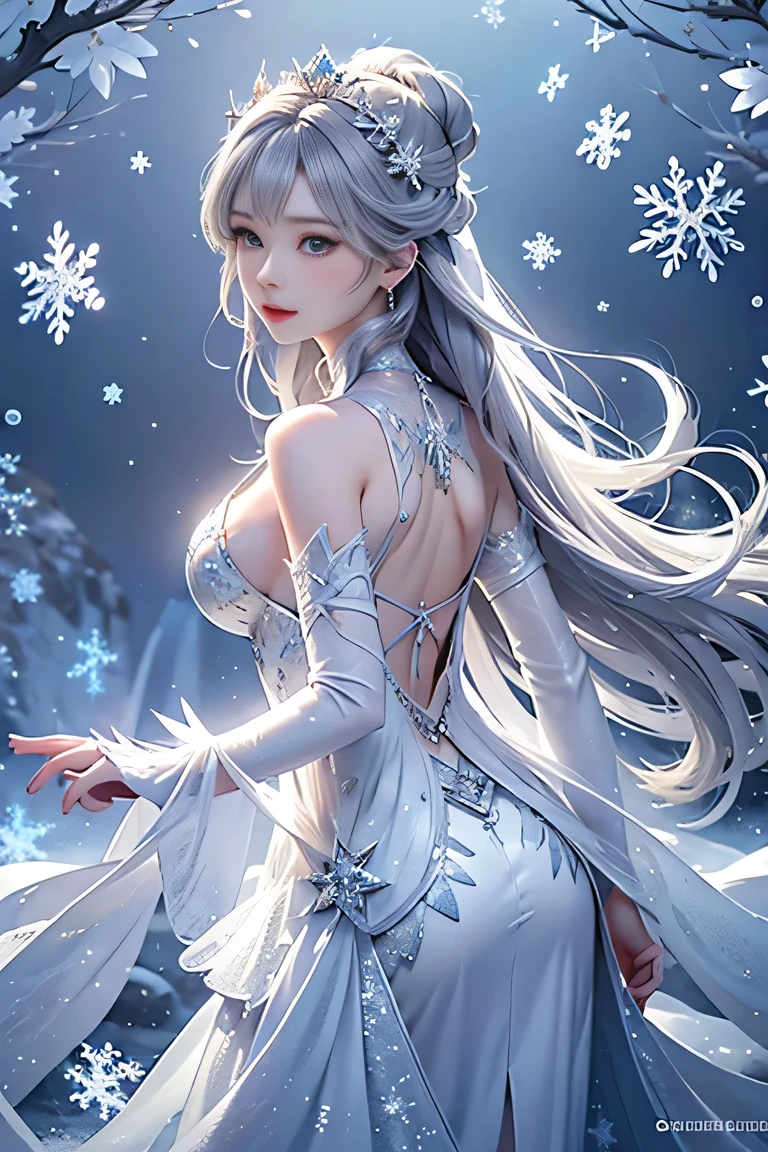 wood, Exquisite mini ice spikes and crystals, Frozen waterfall in the background, Light reflected by ice crystals, Flowing snowflakes.Beautiful woman、Gray Hair、pretty girl,2.5D illustration,Beautiful cleavage、Graceful dancing woman、Beautiful woman looking back、Sideboob