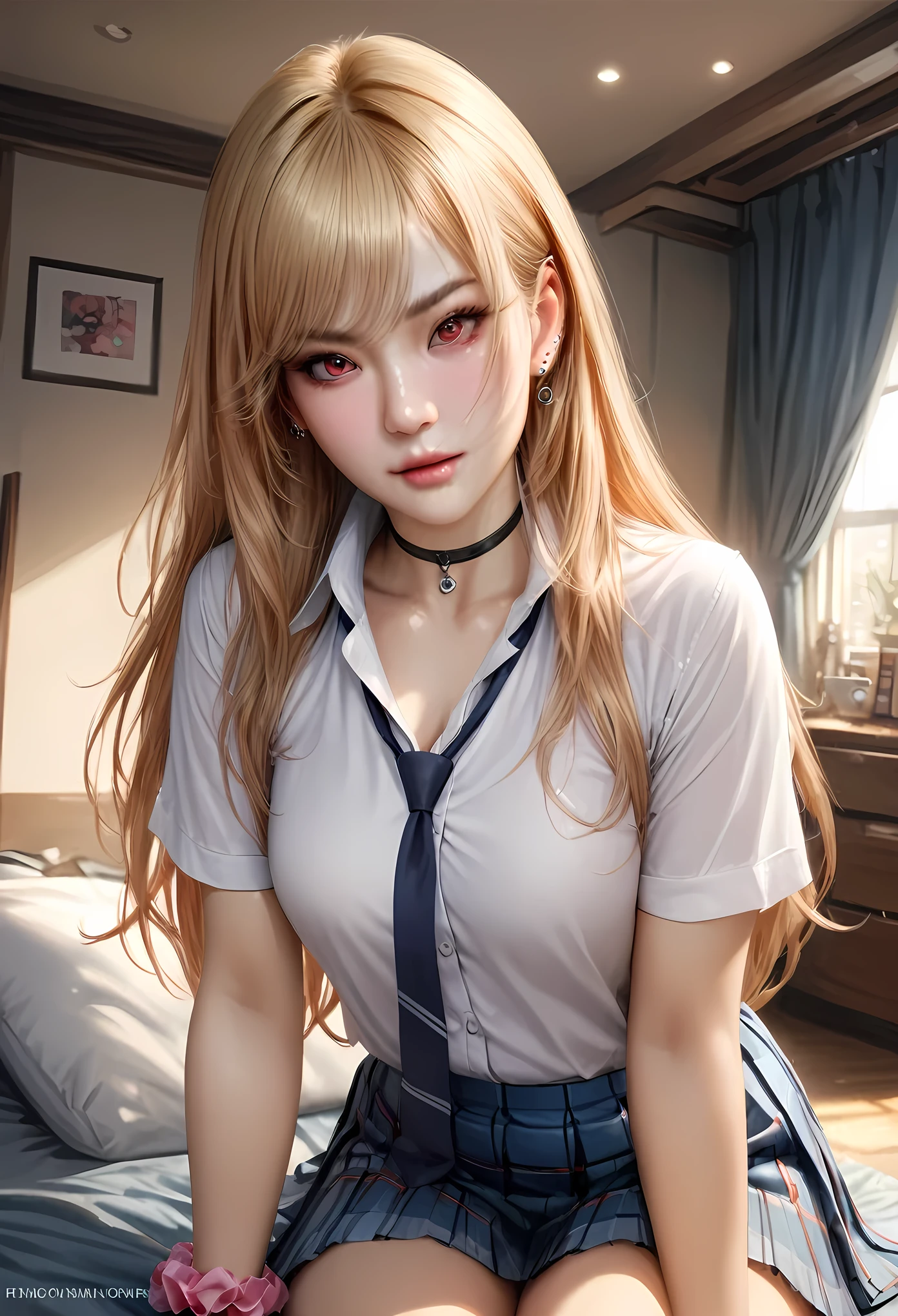 animetoreal,soft light, masterpiece, best quality,high quality,delicate face, realistic,photorealistic,1girl,,Marin Kitagawa, long hair, blonde hair, red eyes, piercing, earrings, ear piercing, stud earrings, black choker, loose necktie, school uniform, white collared shirt, blue skirt, pleated skirt, plaid skirt, wrist scrunchie, long fingernails, pink nails, nail art,,in bedroom