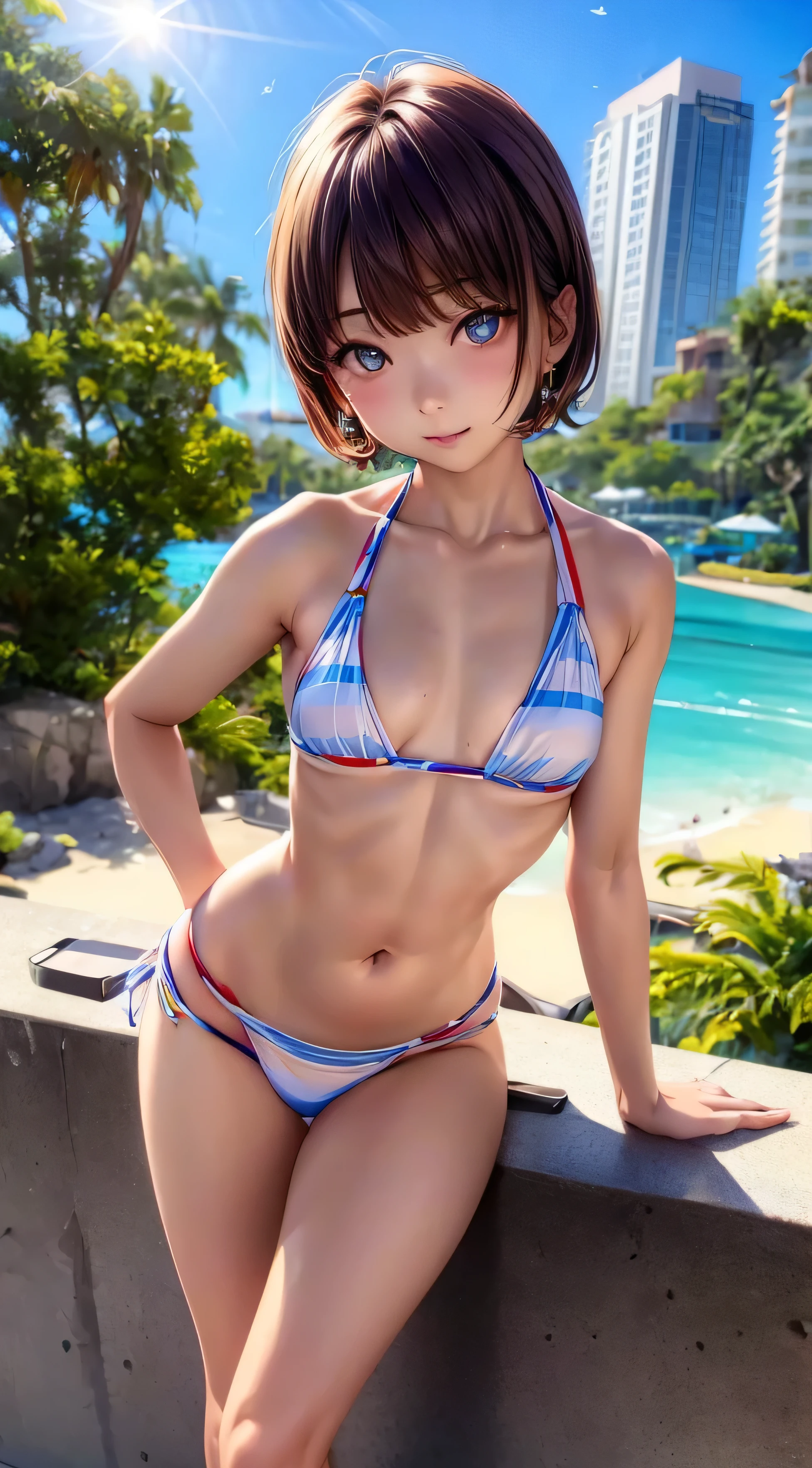 bikini、Seaside、sunshine、Fair-skinned woman、stylish、Small breasts、Waistline、Model-like pose、8K quality、Beautiful eyes、Delicate eyes、