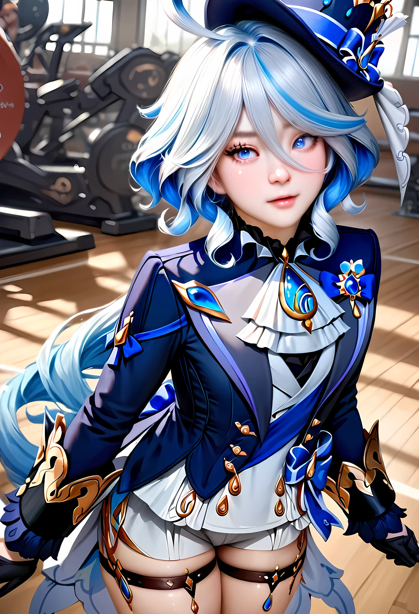 animetoreal,soft light, masterpiece, best quality,high quality,delicate face, realistic,photorealistic,1girl,,furina \(genshin impact\), heterochromia,hat,bule hair,blue eyes,ascot,brooch,long sleeves, jacket,blue bow,gloves,white shorts, thigh strap,in gym