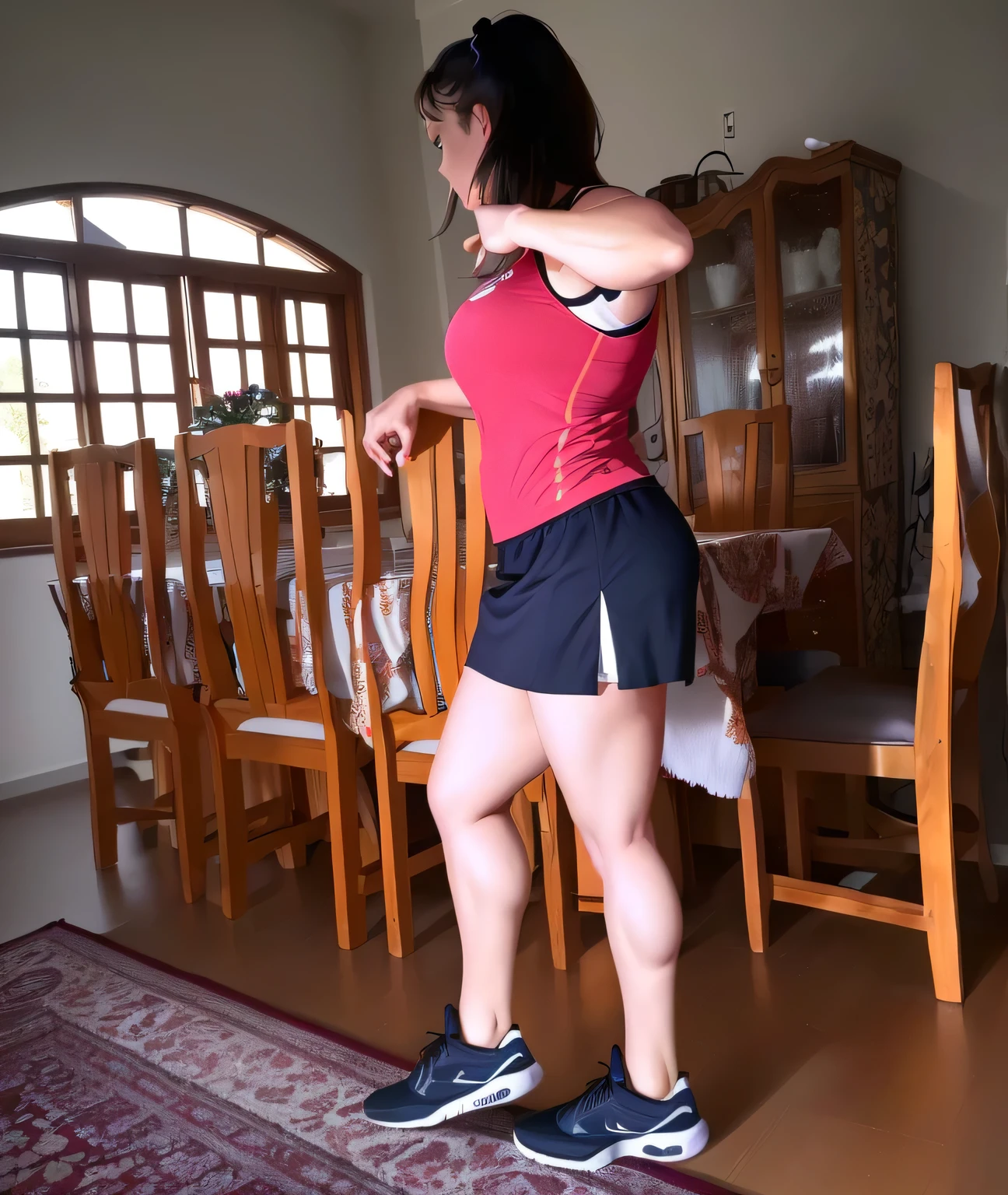 there is a woman standing in a room with a table and chairs, side pose, side view of her taking steps, running pose, shot on nikon d 3 2 0 0, leg and hip shot, fit pic, mini-skirt, posing and flexing, indoor shot, side shot, sporty physique, lunging at camera :4, taken with sony a7r camera