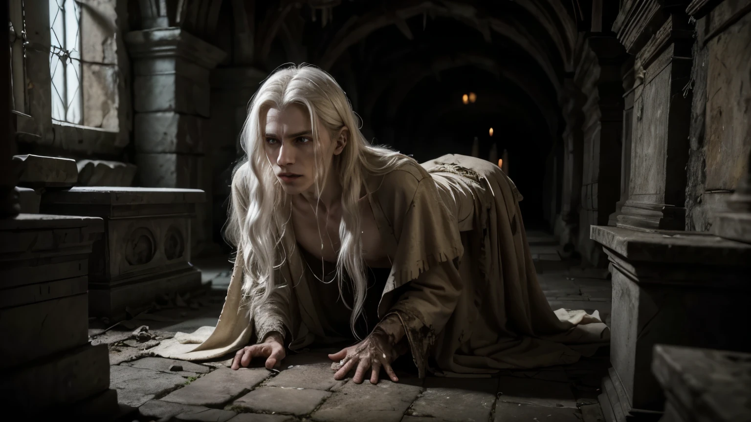 An ancient vampire emerging from a stone sarcophagus in an old, forgotten crypt. He has long, white hair and wears tattered, decayed robes from centuries past. His skin is pale and almost translucent, and his eyes glow with an otherworldly light. The crypt is filled with cobwebs, crumbling tombstones, and flickering candles. The atmosphere is dark and eerie, with the sense of ancient evil awakening.
