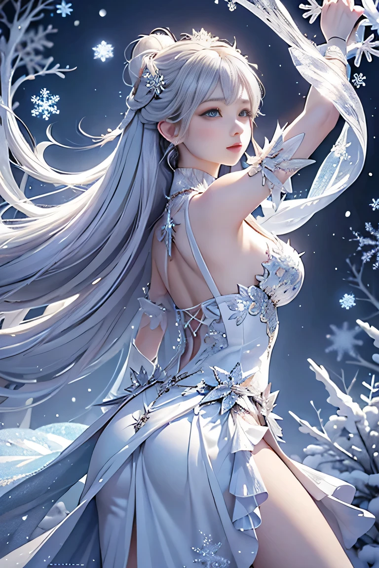 wood, Exquisite mini ice spikes and crystals, Frozen waterfall in the background, Light reflected by ice crystals, Flowing snowflakes.Beautiful woman、Gray Hair、pretty girl,2.5D illustration,Beautiful cleavage、Graceful dancing woman、Beautiful woman looking back、Sideboob