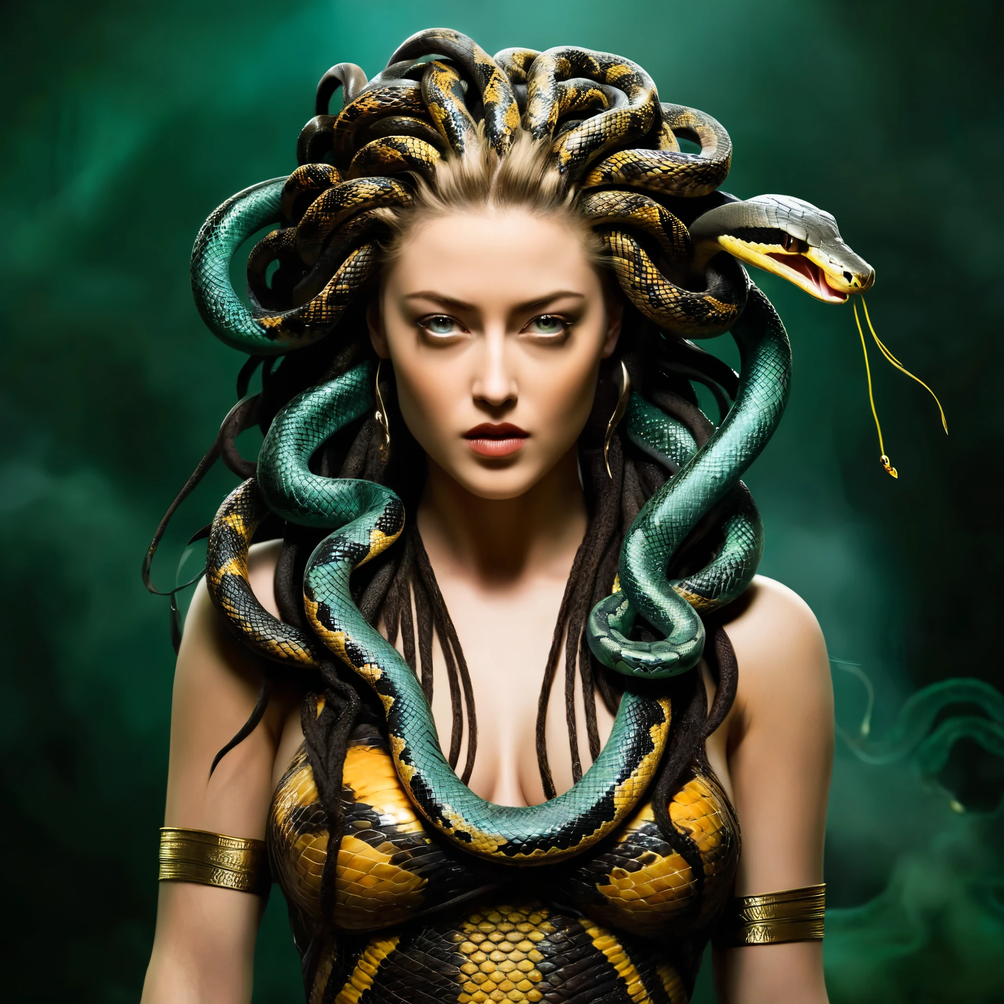Looks like Amber Heard, thick figure, fleshy body, fierce looks, fiery and glowing eyes, erotic, Dark Fantasy Art of Medusa a woman with snake dreads holding a snake In Greek mythology, Medusa, also called Gorgo, a human female with living venomous snakes in place of hair, dark, moody, dark fantasy style