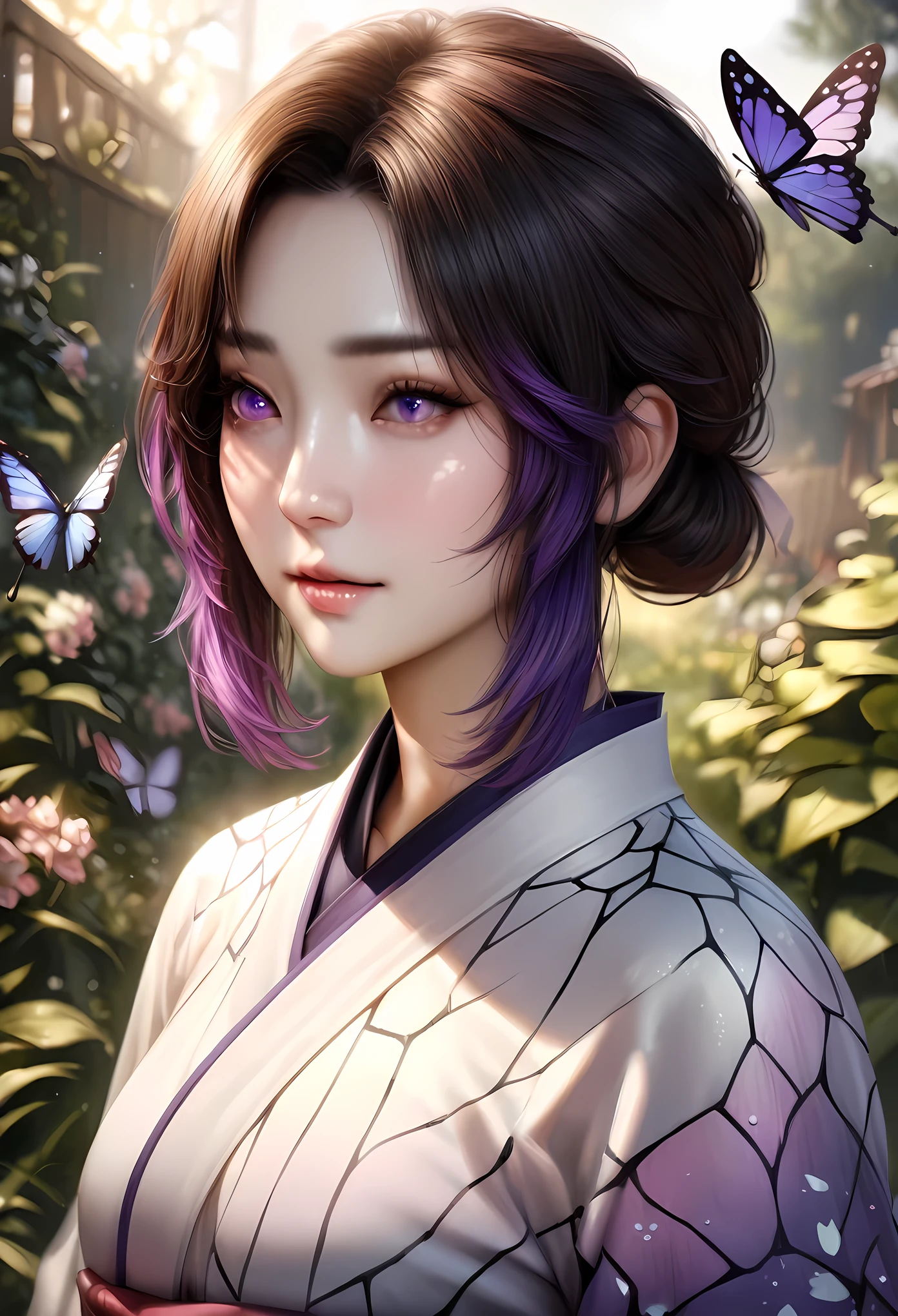 animetoreal,soft light, masterpiece, best quality,high quality,delicate face, realistic,photorealistic,1girl,,Kochou Shinobu, Decorate your hair with a butterfly, violet eyes, multi-colored hair, Short hair, Parted bangs, Japanese dress,in garden