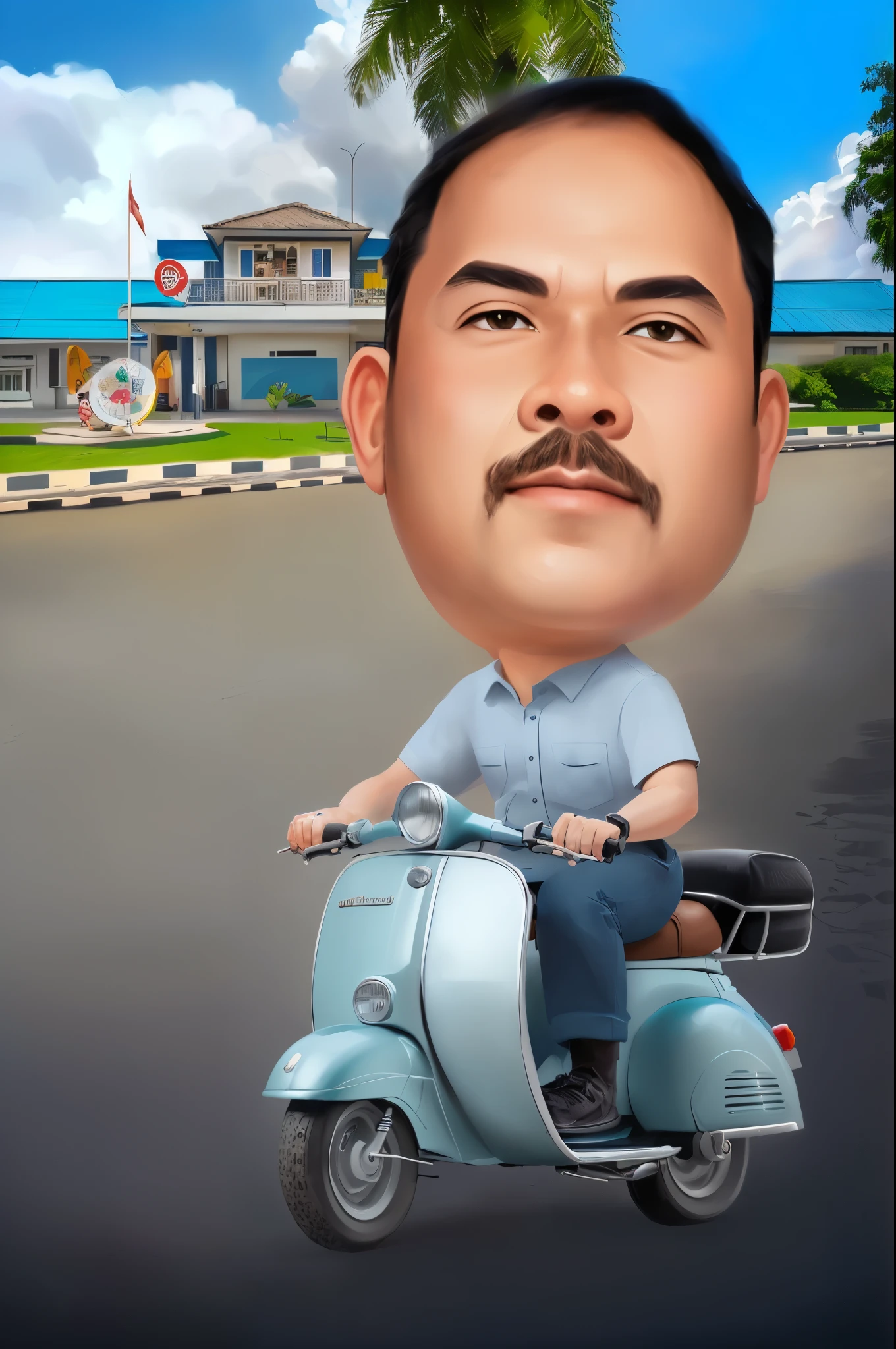 cartoon of a man riding a scooter on a street with a beach in the background, caricature illustration, caricature style, in cartoon style, caricature, cartoon digital painting, cartoon digital art, inspired by Rudy Siswanto, caricature!!!, digital art cartoon, fanart, cartoon portrait, by Abidin Dino, digital art!!, chibi, cartoon artstyle