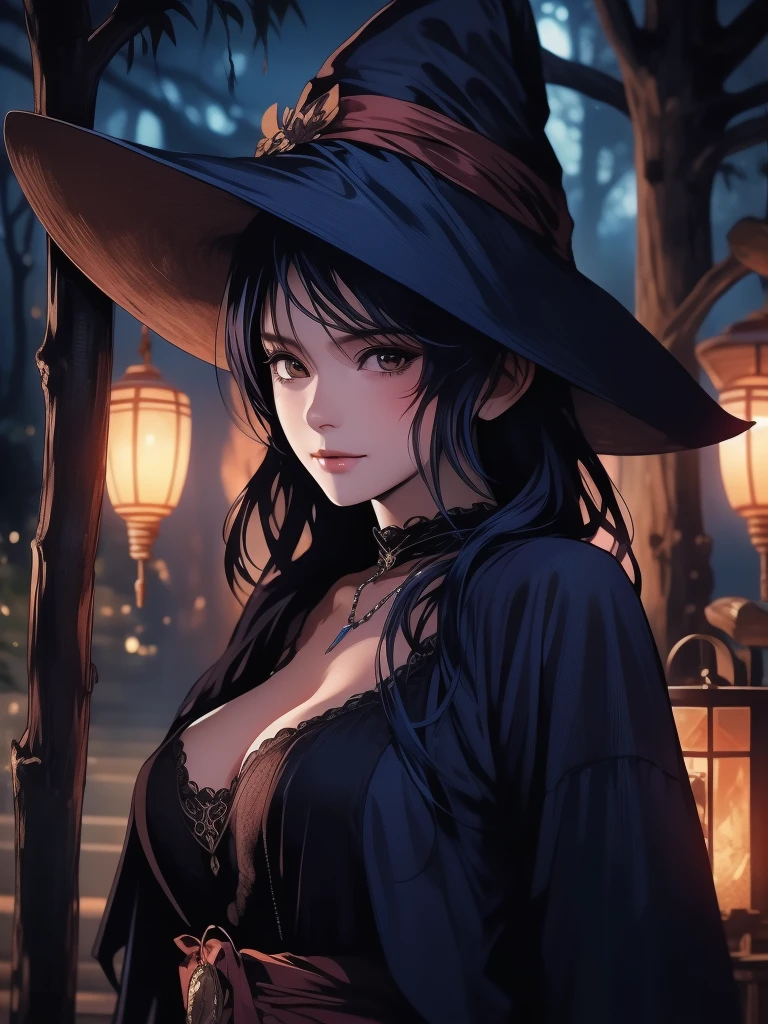 highest quality,　Best image quality,　masterpiece,　1 Female, shandy, witch, witchの大きな帽子, slightly smiling, Face close-up,　night, Dark Forest, Lantern Light