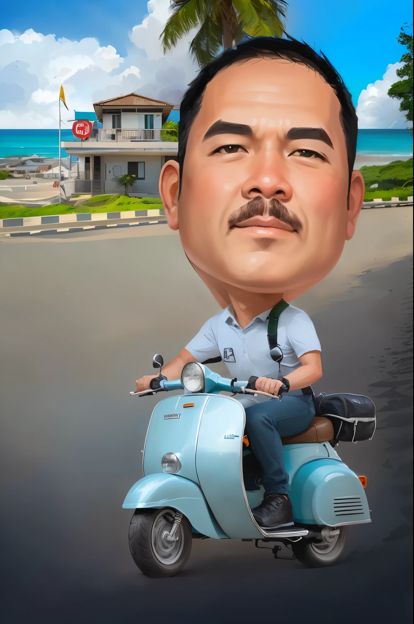 cartoon of a man riding a scooter on a street with a beach in the background, caricature illustration, caricature style, in cartoon style, caricature, cartoon digital painting, cartoon digital art, inspired by Rudy Siswanto, caricature!!!, digital art cartoon, fanart, cartoon portrait, by Abidin Dino, digital art!!, chibi, cartoon artstyle