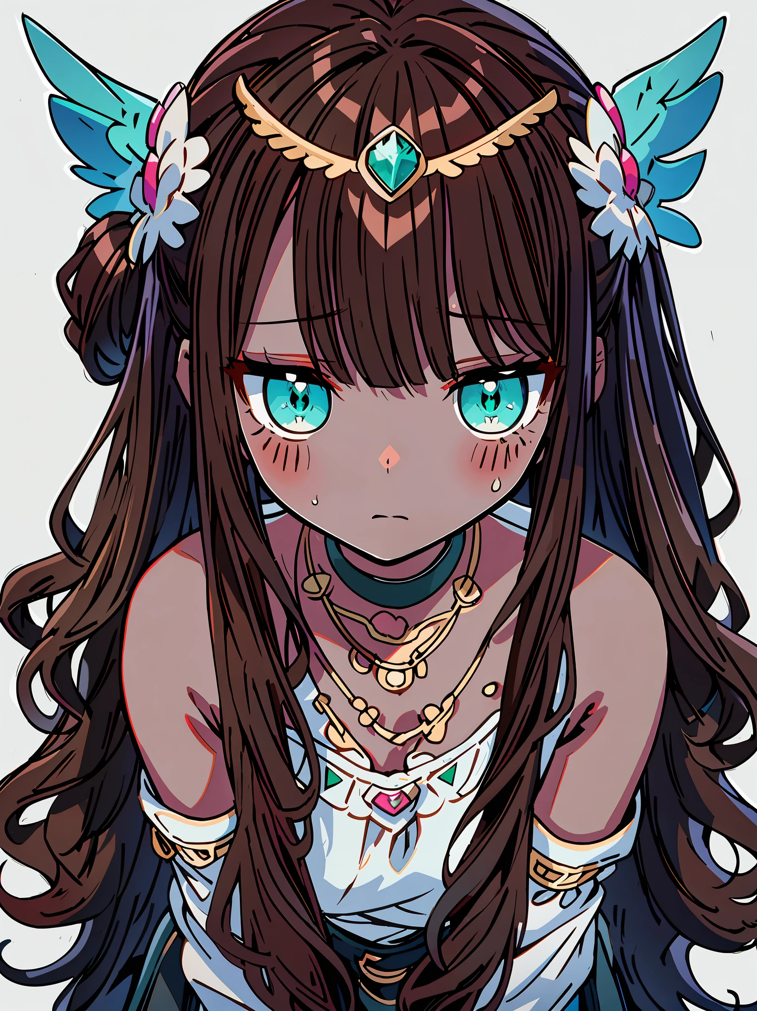 {{{{masterpiece}}}}, {{{Super detailed}}}, {{{high resolution}}}, {{good anatomy}}, (((best quality))),((emerald eyes,brown hair)),{{Extremely detailed and refined}}, {4k CG wallpaper}, {{illustration}}, ((dark skin,african lady,dark brown skin)),((from above,bust,upper body shot,very close up to face,bigger eyeballs)),(high ponytail|Detailed hair|blunt bangs|shiny hair),(((Valkyrie,outstanding muscle))),{silver robe,long sleeves},(arch canthus),{{{emotionless,milf,mature face}}},(lesbian,mystery,intoxicated,1 woman:1),small breasts,(Color difference:1.2),(simple background),(arms down,hands down,clenched)