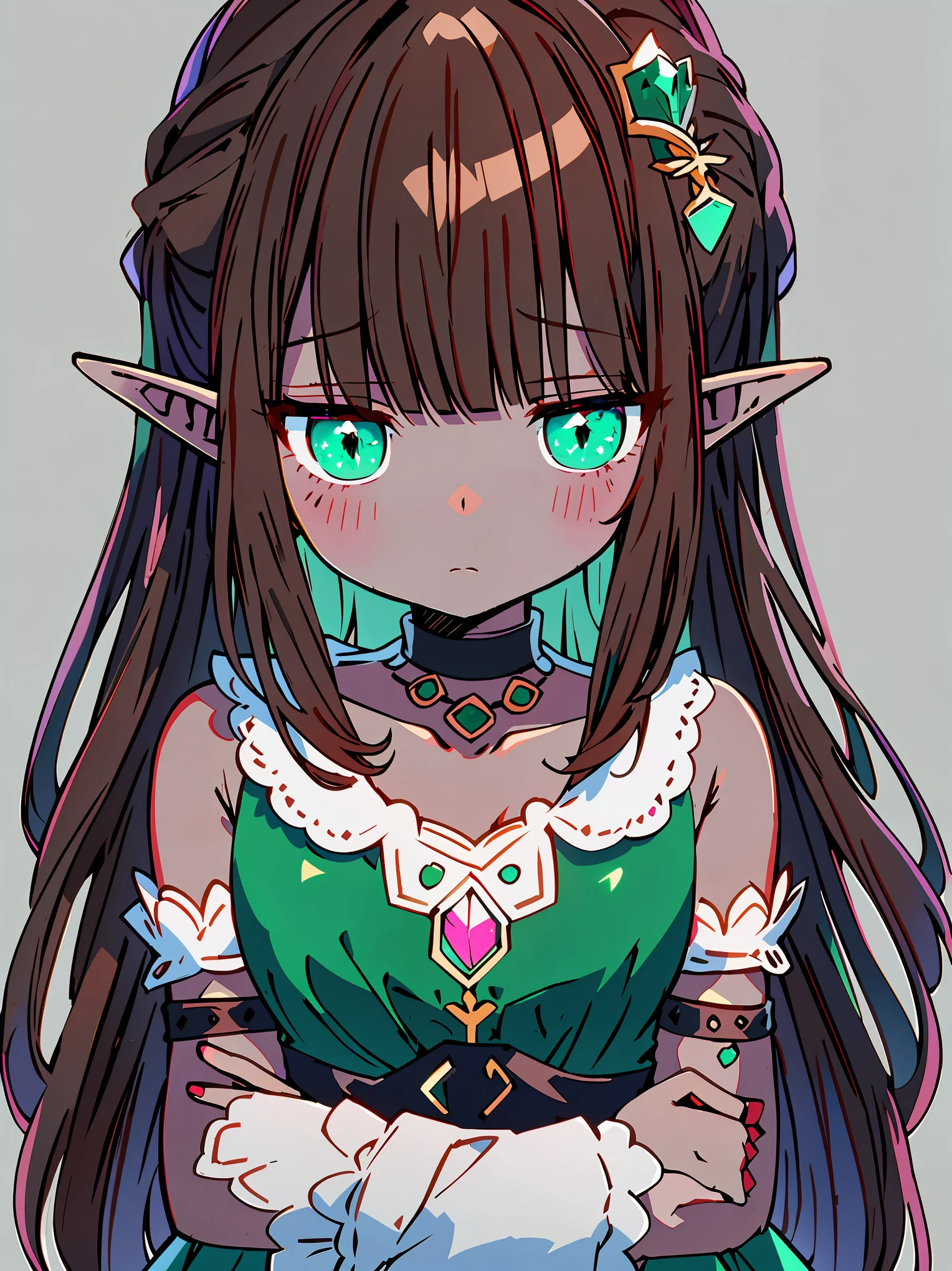 {{{{masterpiece}}}}, {{{Super detailed}}}, {{{high resolution}}}, {{good anatomy}}, (((best quality))),((emerald eyes,brown hair)),{{Extremely detailed and refined}}, {4k CG wallpaper}, {{illustration}}, ((dark skin,african lady,dark brown skin)),((bust shot,bigger eyeballs)),(high ponytail|Detailed hair|blunt bangs|shiny hair),(((elf))),{pink pajama,long sleeves},,{{{emotionless,milf,mature face}}},(lesbian,mystery,intoxicated,1 woman:1),small breasts,(Color difference:1.2),(simple background),(arms down)