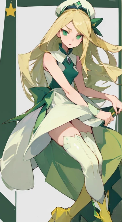 ((highest quality)), ((masterpiece)), (Familiar), Perfect Face,{Browsing Caution},Ramp up,Long blonde hair,Small breasts,Pointed nipples,Adult female,Green Eyes,Pokemon-like,White Sleeveless Dress,Knee-high boots,Green Pendant,attractive