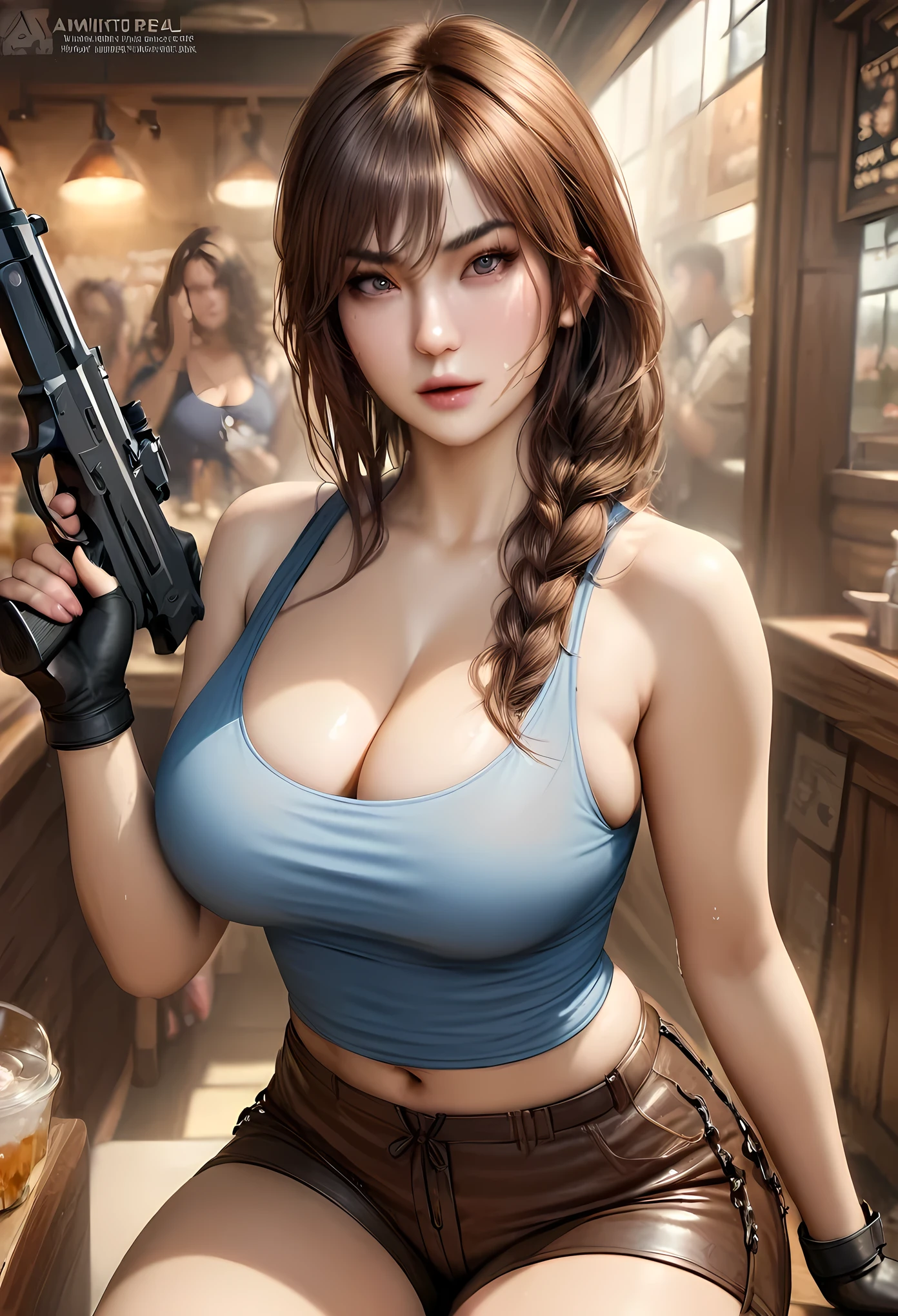 animetoreal,soft light, masterpiece, best quality,high quality,delicate face, realistic,photorealistic,1girl,,tomb_raider, lara_croft, 1girl, black_gloves, blue_tank_top, braid, breasts, brown_eyes, brown_hair, brown_lips, brown_shorts, cleavage, fingerless_gloves,gloves, holding gun, holster, large_breasts, leather_shorts, long_hair, shorts, single_braid, skindentation, sleeveless, tank_top, taut_clothes, thick_eyebrows, thigh_holster,wet,restaurant