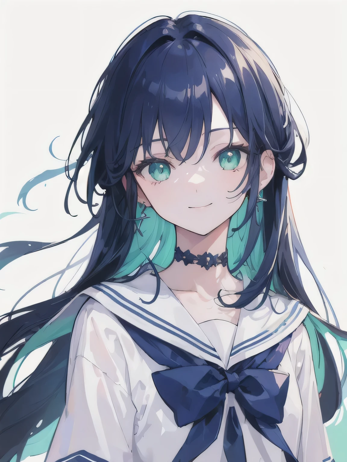 ((best quality)), ((masterpiece)), (detailed), highest quality, Beautiful, 1 girl, solo, simple background, white background, Dark blue hair, long hair, light green eyes, choker, smile, upper body, school clothes, no hat, fair skin, looking at viewer, right earing, padding left, padding top, padding right.