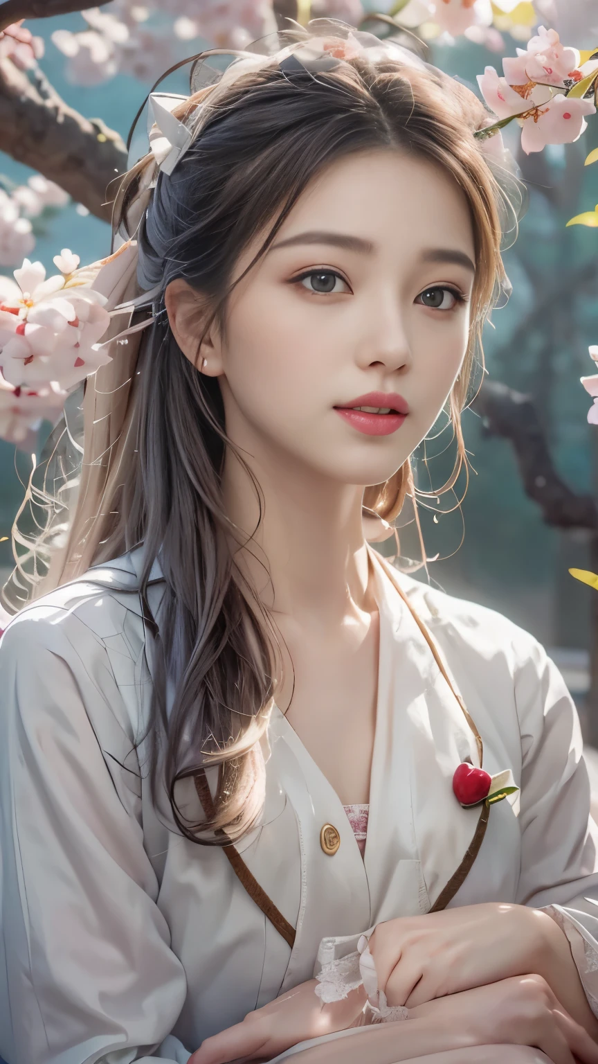 ((Girl sitting on a row of cherry trees)),Top quality work,Real work,Super premium graphics card,8K HD CG Works,High-quality graphics,HD CG works,10x pixel,Super fine details:1.1,Advanced technical details:1.1 Realistic,室内Lighting Effects:1.5,Natural light:1.5. Lighting Effects(virtual Lighting Effects:1.8),Ultra-high resolution,shining red dress,長いSilver Hair,Silver Hair,Transparent hair,High Detail Hair(High-quality hair details:1.1)Clear eyes,Beautiful double eyelids,Sharp eye makeup, Exquisite eyelash makeup, thin eyebrows, Very detailed eyes,high nose, Beautiful red lips, Rosy Cheeks, A face with delicate makeup , Cute face, Perfectly proportioned face,(Advanced facial details:1.1),shining,wonderful dress,Red Series,(White Blazer) 、(White shirt)、(Red bow tie)、(Check the skirt)、(My skirt flutters in the wind)、White underwear clearly visible、Girls 、photo shoot,Miss'artwork,Full body picture,realism,wonderful,My eyes sparkle today、(Smile),(Sakura petals dancing)、((In the flower sea feast))、(Smile),