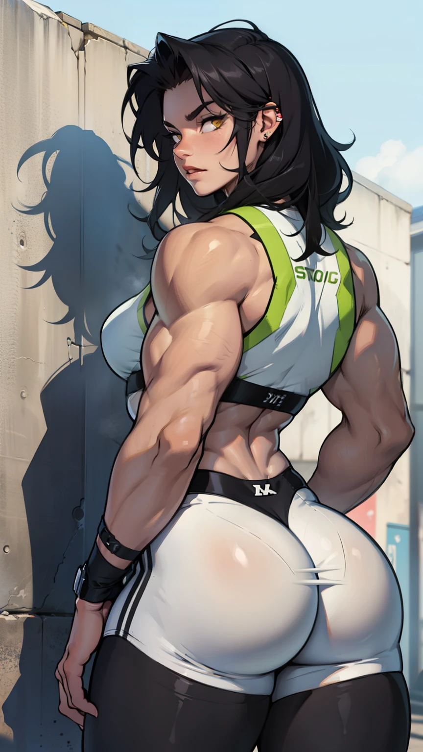 girl muscular thick black hair yellow eyes pale skin tight ass